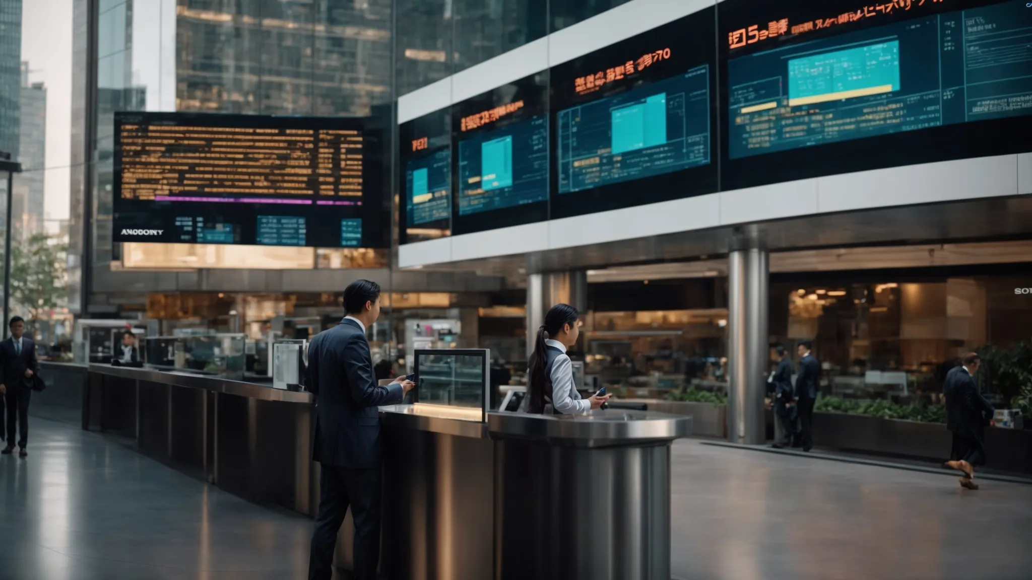 a dynamic urban setting showcases a large digital screen displaying vibrant visuals of electronic cheque transactions, symbolizing the evolution of payment methods with a backdrop of bustling businesses and technology-driven individuals.