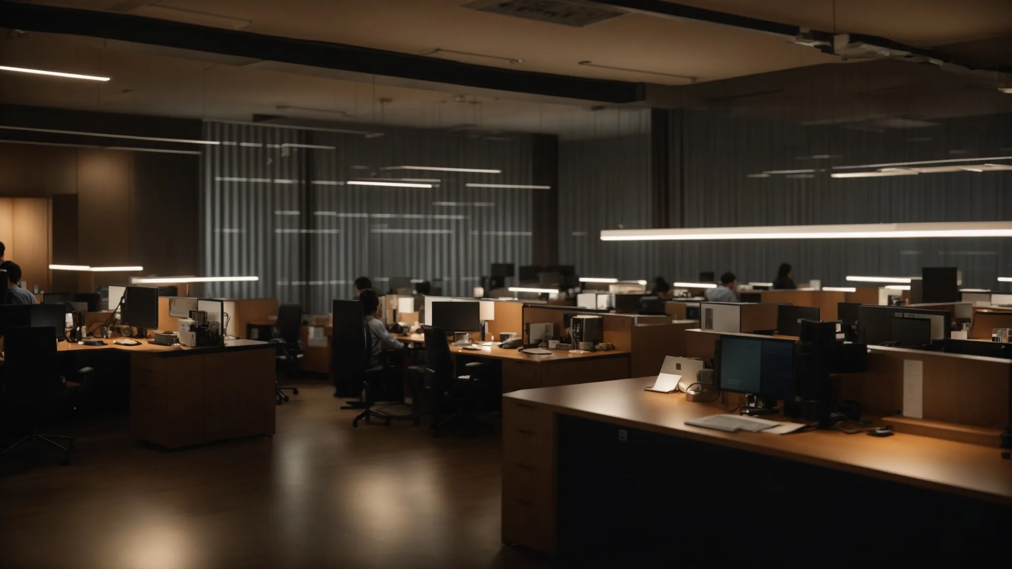 a focused and professional setting depicting a well-organized office where employees are collaboratively engaged in analyzing cheques under warm, ambient lighting, highlighting the importance of robust cheque verification processes to ensure financial integrity.