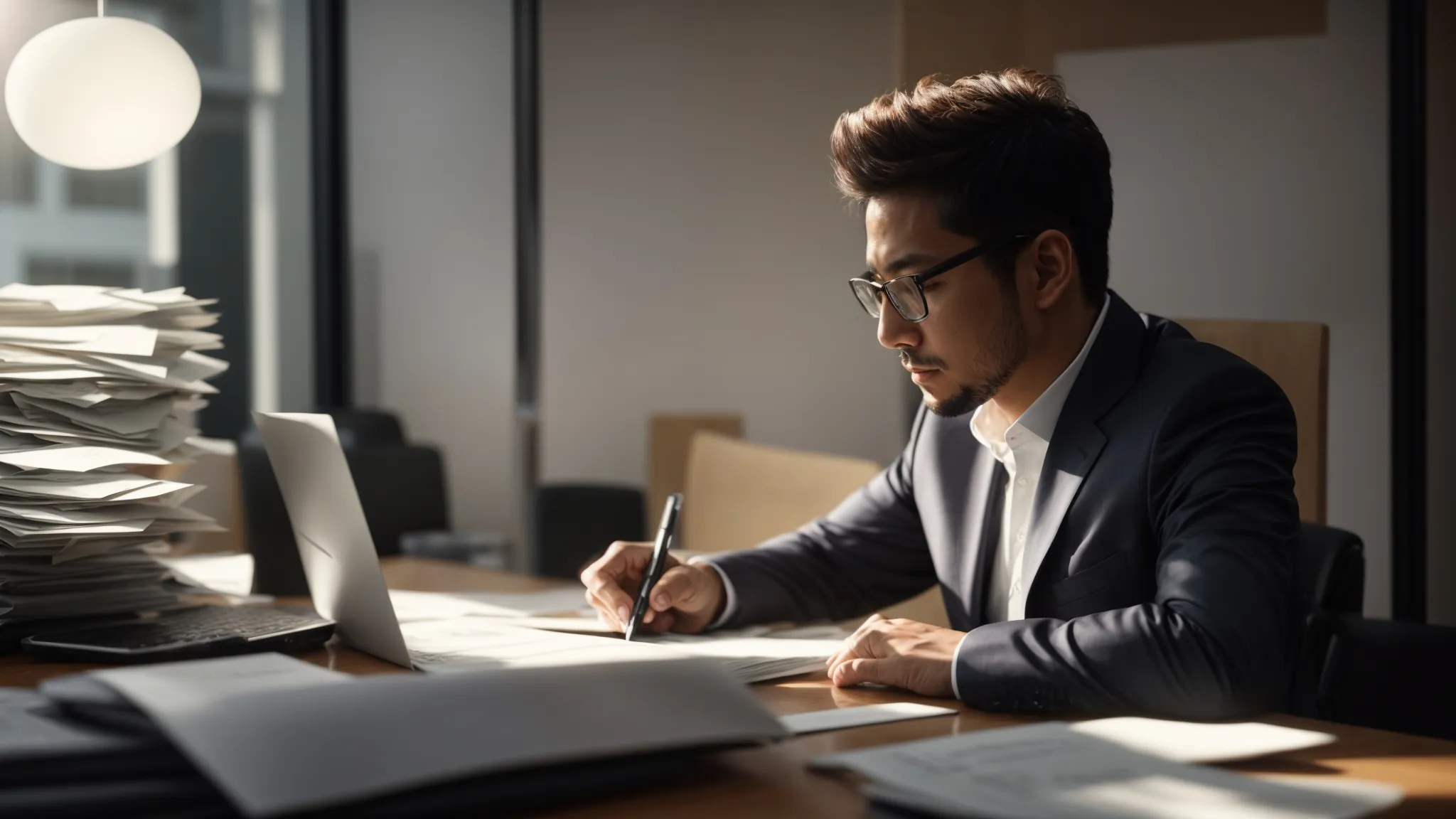 a focused business owner sits at a sleek desk, surrounded by scattered cheques and paperwork, intently analyzing a computer screen displaying a malfunctioning cheque tracking system, with a sense of urgency illuminated by soft, natural light filtering through a nearby window.