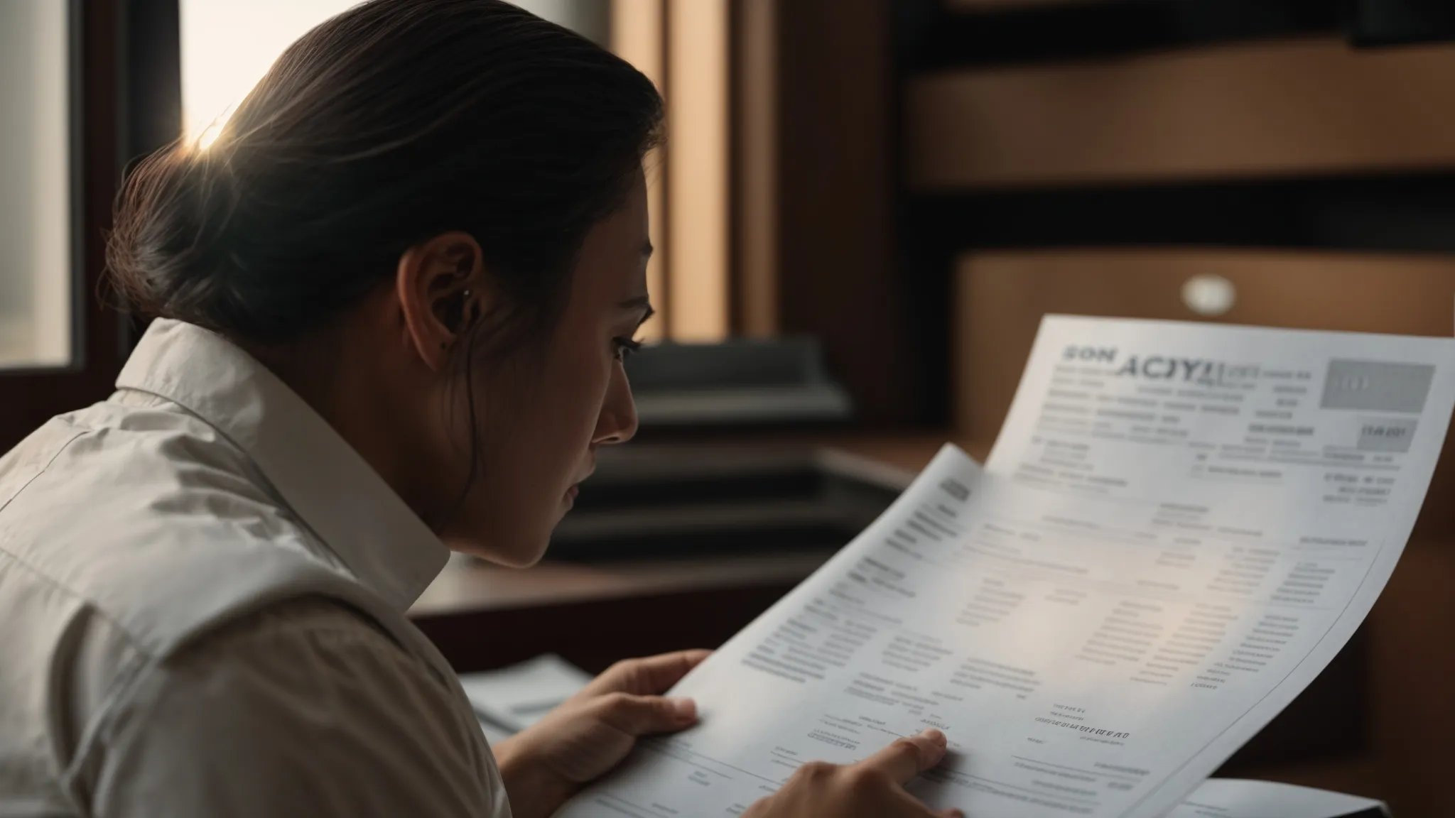 a focused close-up of a small business owner analyzing a stack of secure cheques with a vigilant expression, illuminated by warm, natural light pouring in through a nearby window, emphasizing the theme of financial safety and fraud prevention.