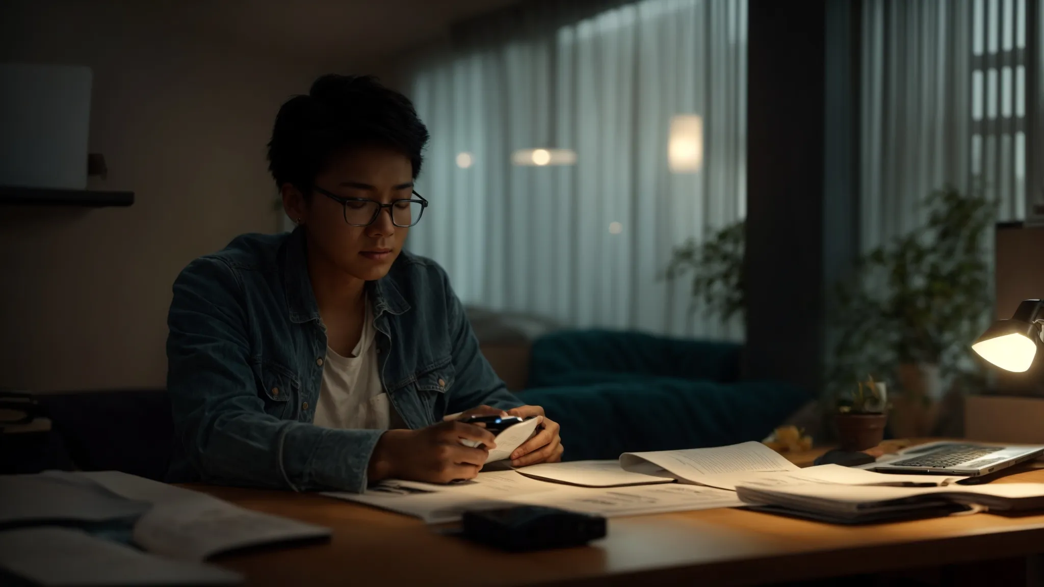 a focused image captures a worried individual seated at a cluttered desk, contending with a bounced cheque while surrounded by a laptop displaying online banking, piles of invoices, and a phone ready for urgent communication, illuminated by soft ambient light that conveys a sense of urgency and concern.