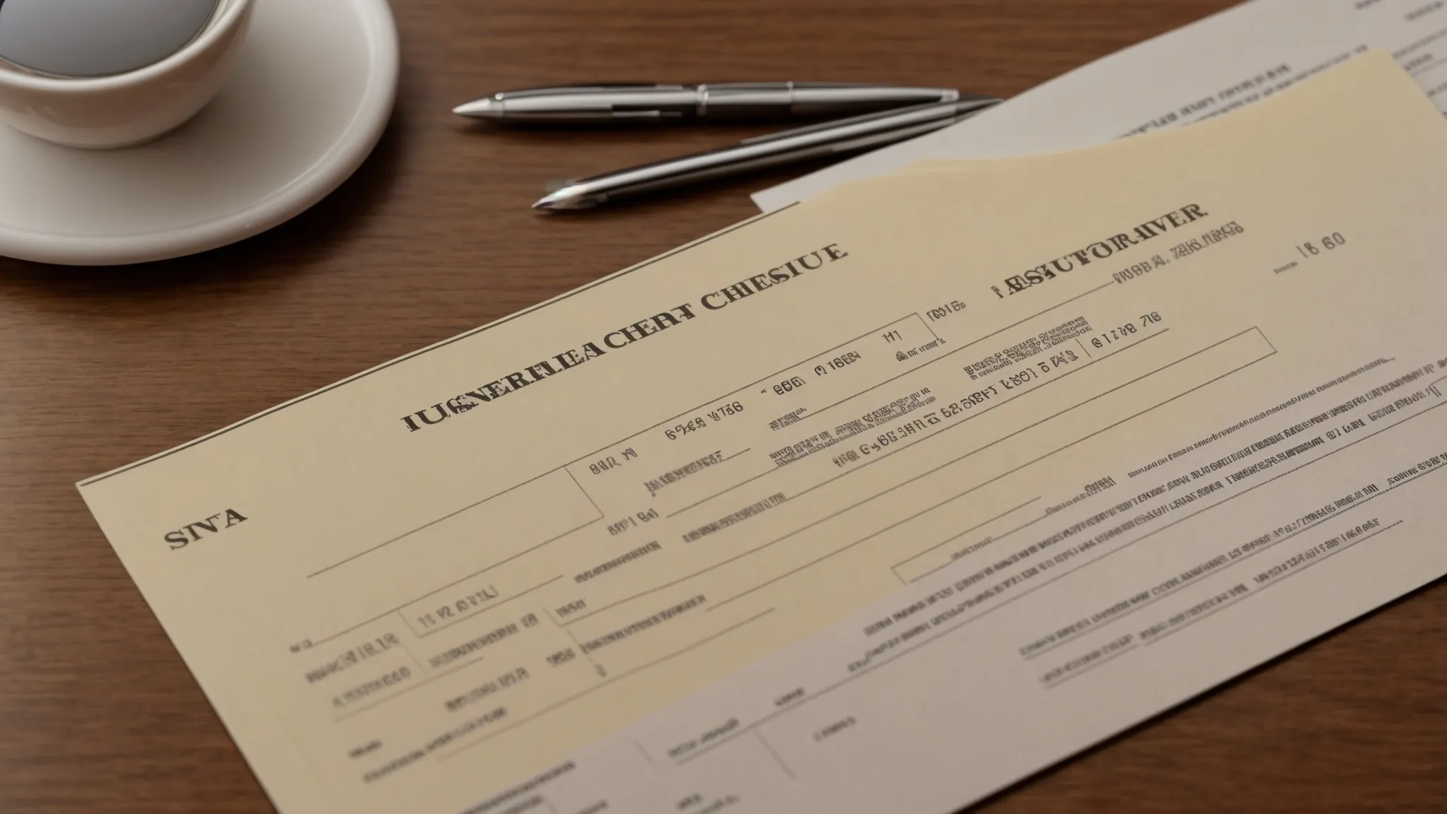 a focused still life of a business cheque resting atop a polished wooden desk, accompanied by a sleek pen and an open bank statement, bathed in soft natural light to emphasize the importance of financial responsibility and resolution.