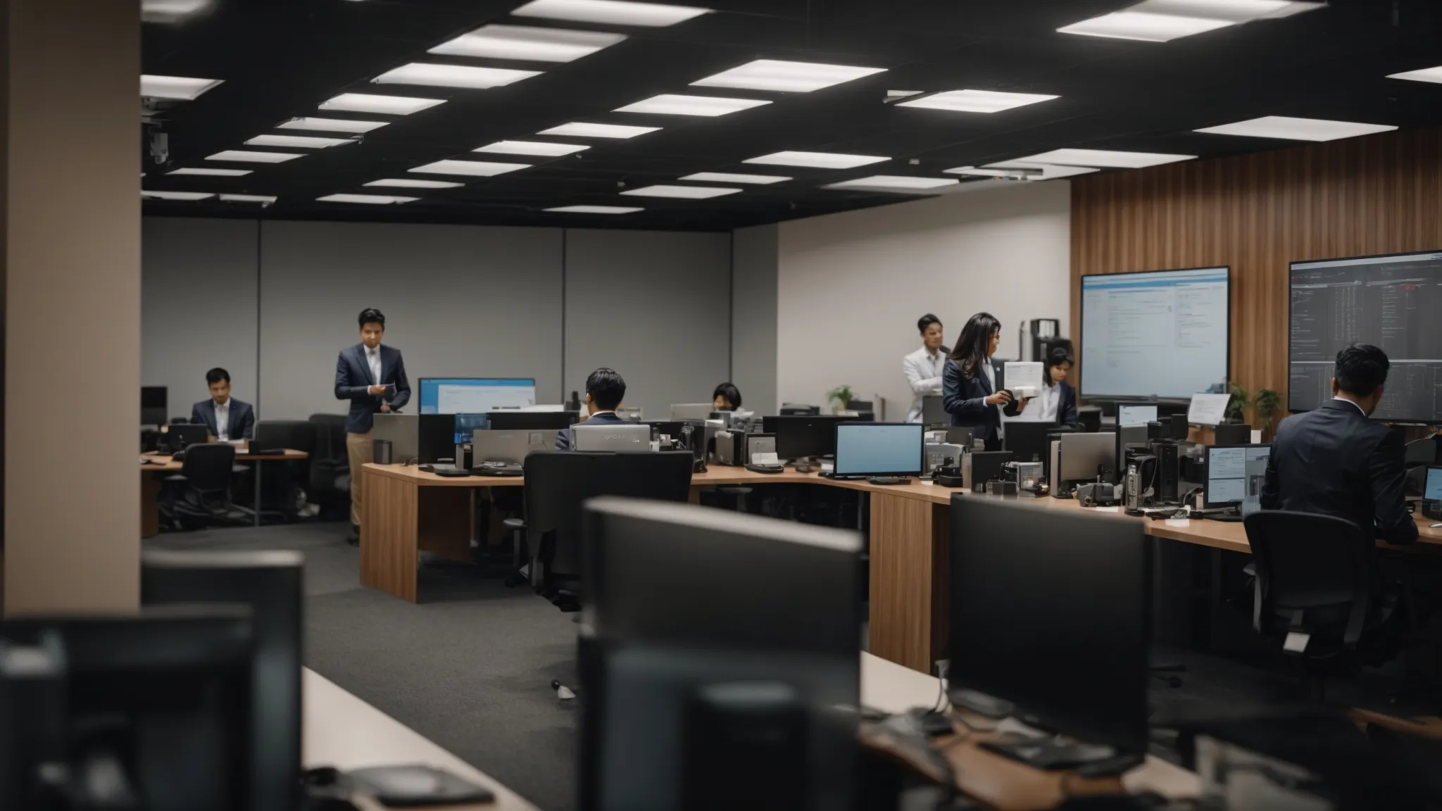 a focused training session in a modern office environment showcases employees attentively engaging with visual aids that highlight cheque security features, emphasizing the importance of vigilance against fraud.