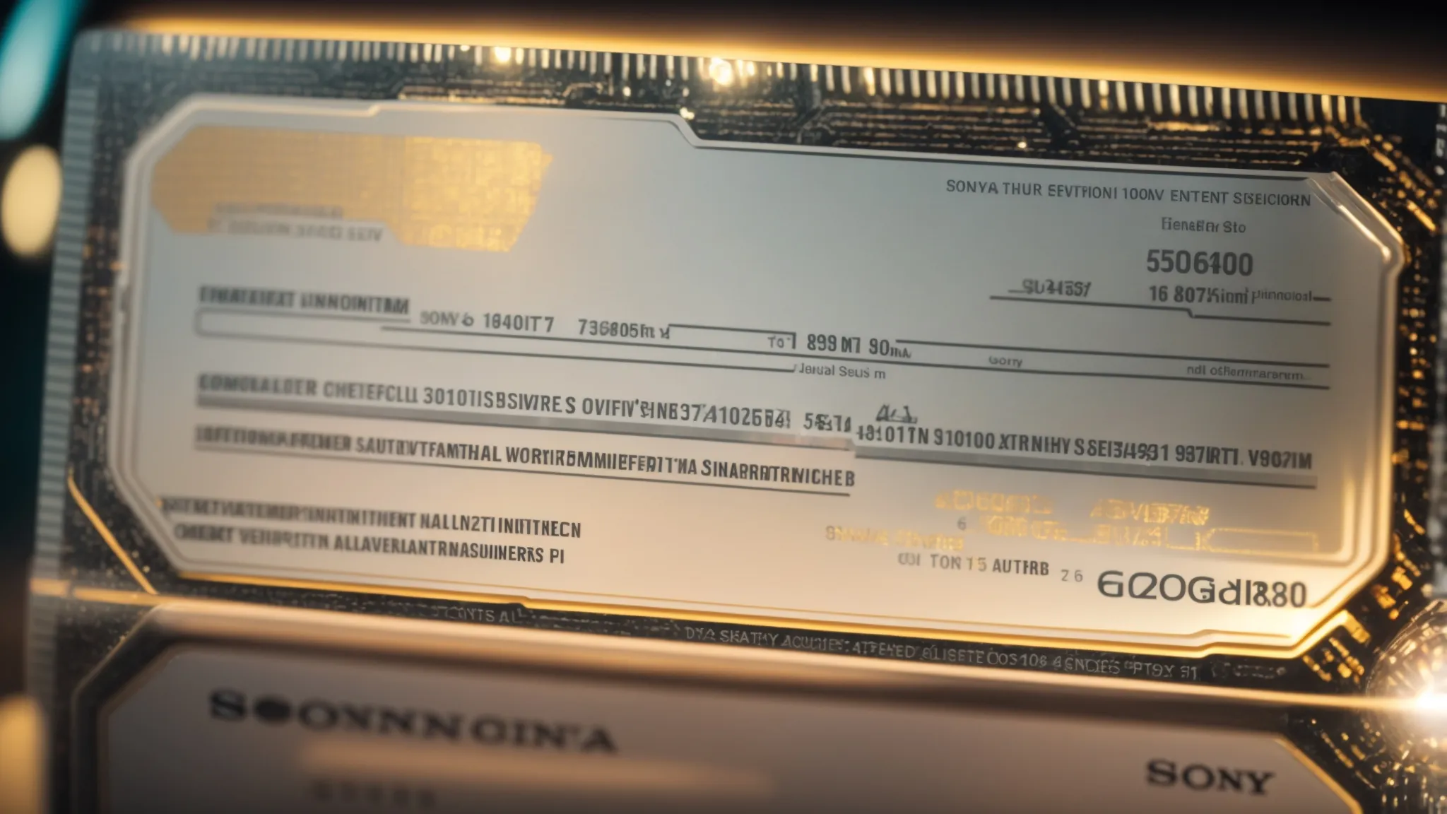 a futuristic cheque adorned with intricate security features glistens under soft lighting, symbolizing innovation and the evolution of financial transaction security in a digital era.