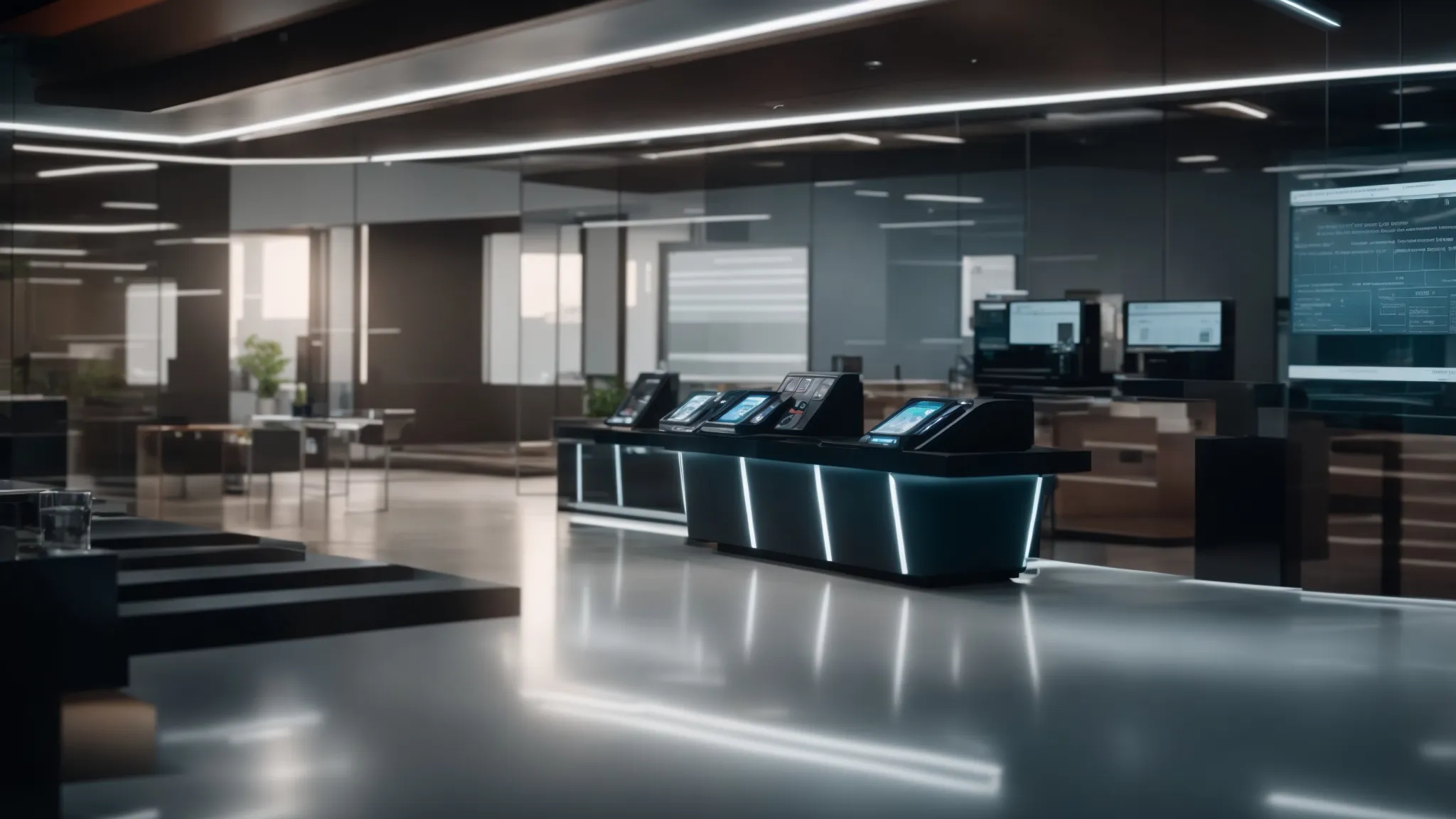 a futuristic office setting showcases sleek, automated cheque processing machines surrounded by glowing digital interfaces, capturing the essence of ai-driven efficiency in cheque order management.