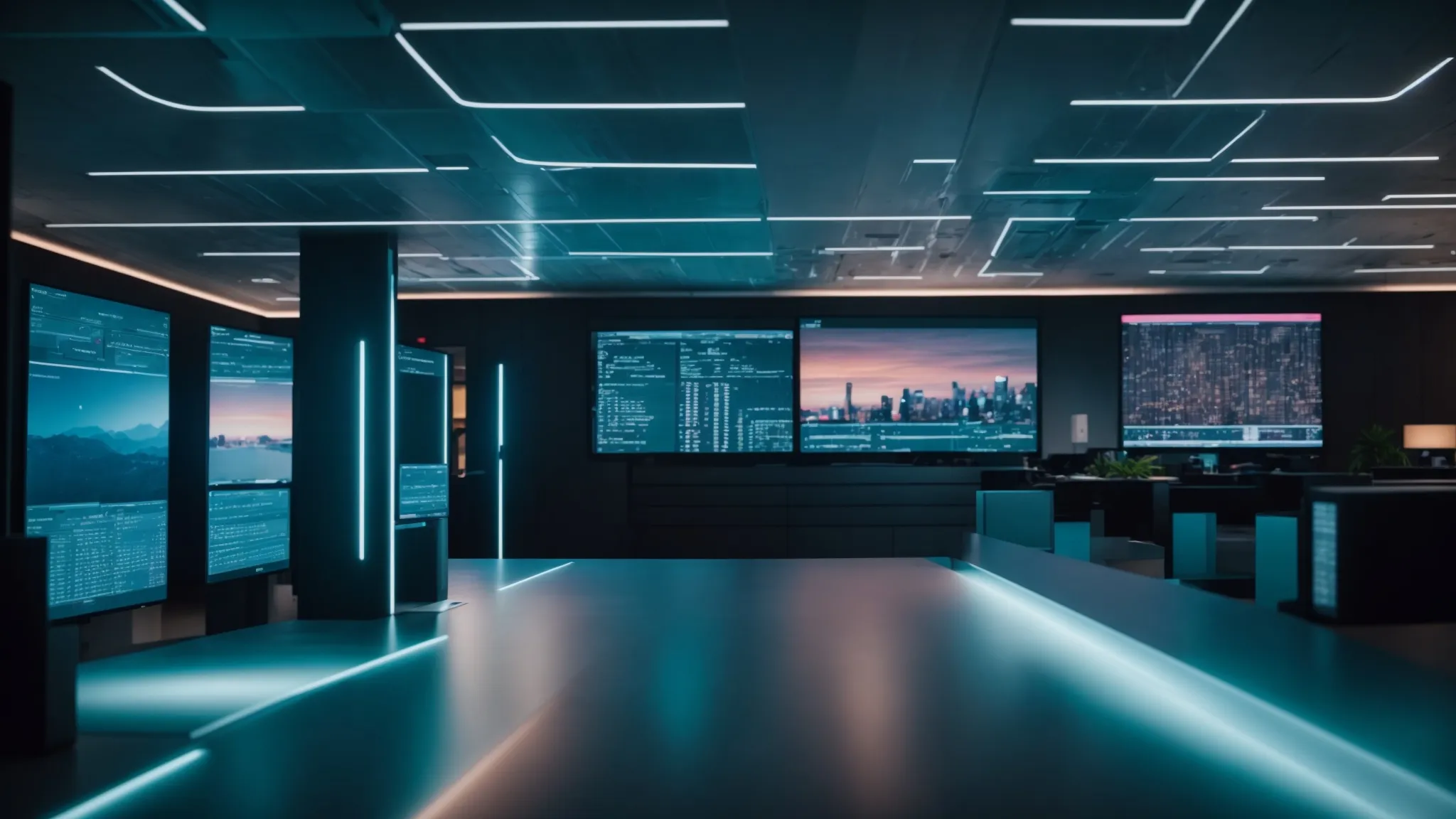 a futuristic office setting with sleek digital screens displaying real-time cheque tracking data and smart contract processes, illuminated by soft, ambient lighting that highlights the modern fintech innovations revolutionizing financial transactions.