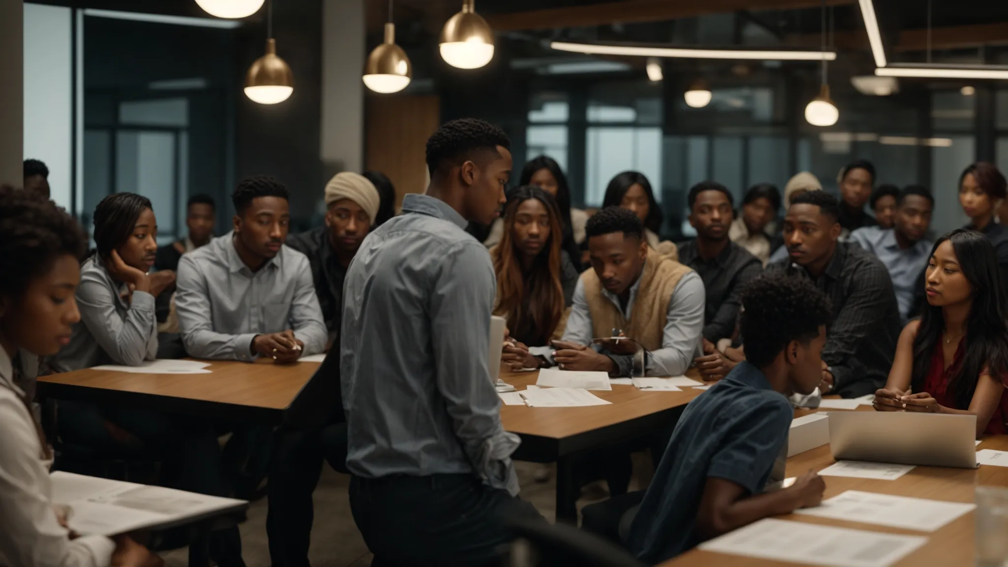 a group of diverse individuals attentively engages in a well-lit community workshop, surrounded by displays of business and personal cheques, as they learn about the latest cheque fraud trends and prevention strategies.