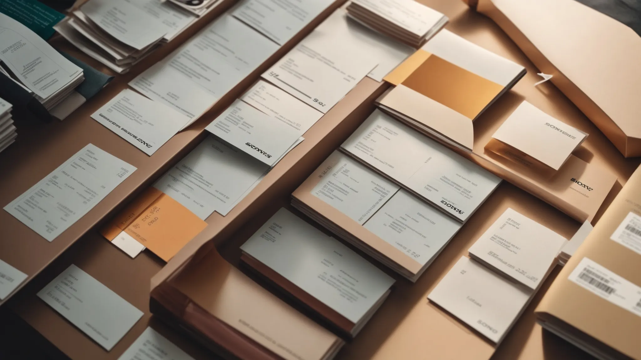 a meticulously arranged flat lay showcases a variety of vibrant business and personal cheques nestled among sophisticated security features, emphasizing the importance of cheque protection in financial transactions under soft, focused lighting.
