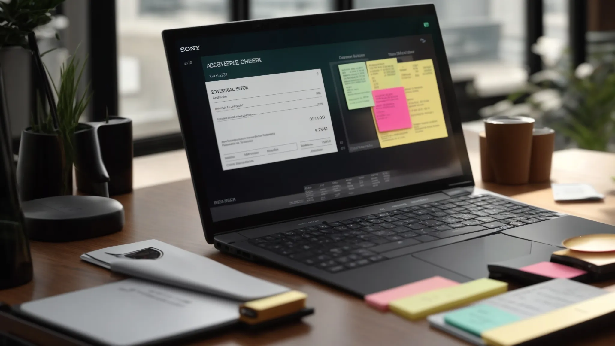 a meticulously arranged workspace features an open cheque book, colorful sticky notes labeling cheque statuses, and a sleek laptop displaying a detailed digital tracking system, all bathed in soft, natural light to convey the organized process of cheque tracking in a business environment.