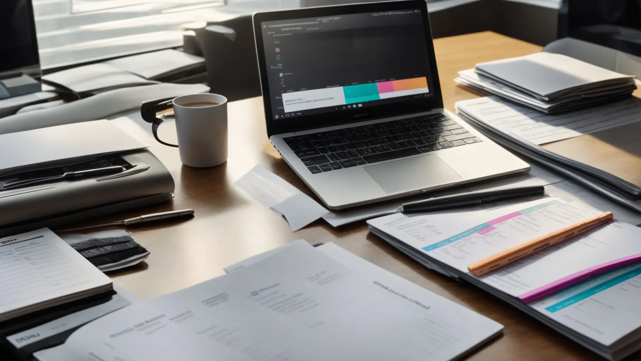 a meticulously organized desk featuring a sleek laptop with a vibrant spreadsheet open, accompanied by a stack of neatly arranged business and personal cheques, all illuminated by soft, natural lighting to emphasize a professional and efficient financial management atmosphere.