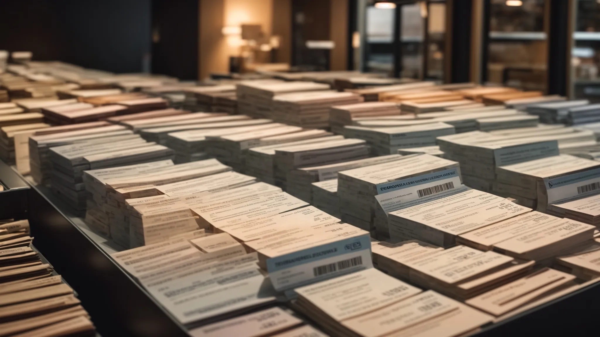 a meticulously organized display of various business and personal cheques, arranged in a way that emphasizes effective inventory management strategies, illuminated by soft, focused lighting to highlight their detailed designs.