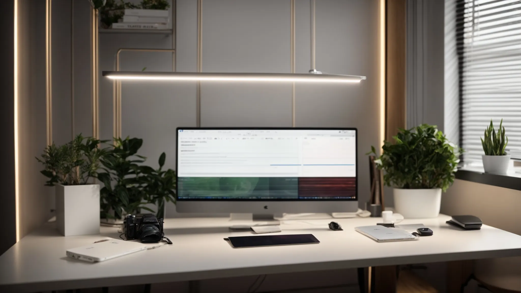 a meticulously organized workspace showcases a sleek, modern desk adorned with pristine business and personal cheques, accompanied by a laptop displaying a vibrant tracking dashboard, all illuminated by soft, natural light streaming through a nearby window.