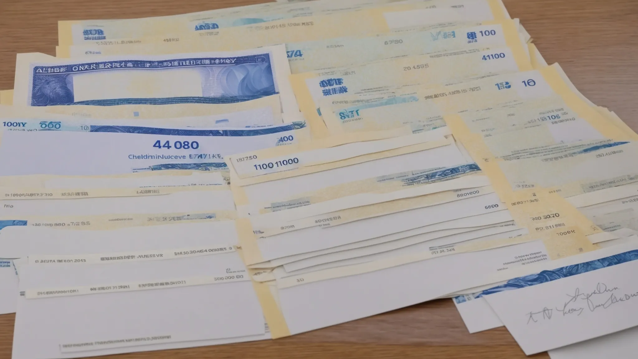 a neatly arranged stack of vibrant blue personal cheques sits on a polished wooden desk, bathed in soft, natural light, symbolizing the efficiency and cost-effectiveness of bulk cheque orders for businesses.