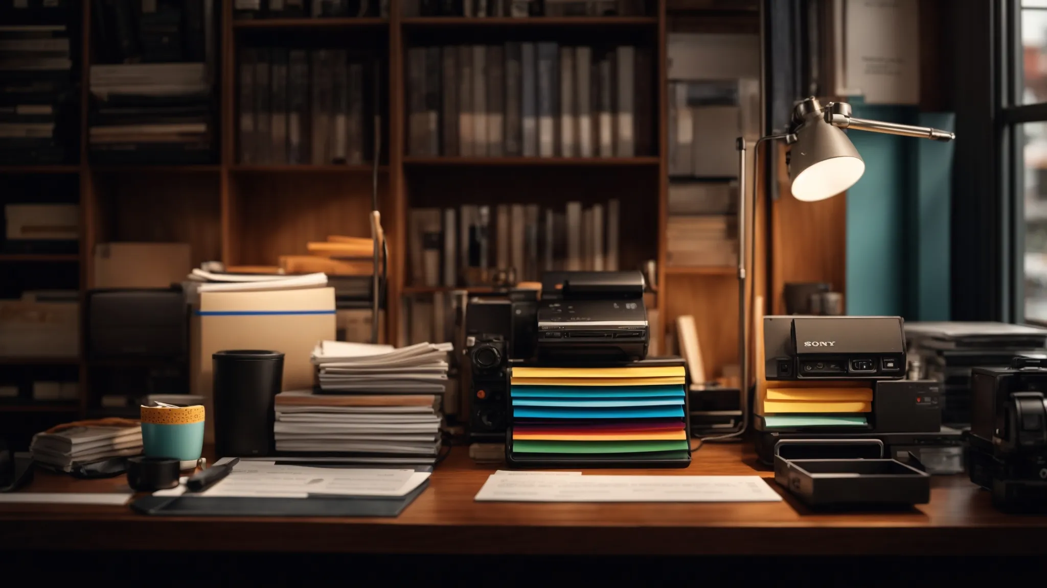a neatly arranged workspace showcases a variety of colorful business and personal cheques, highlighting the seamless process of local cheque ordering with a vivid backdrop of organized stationery and a softly lit atmosphere.
