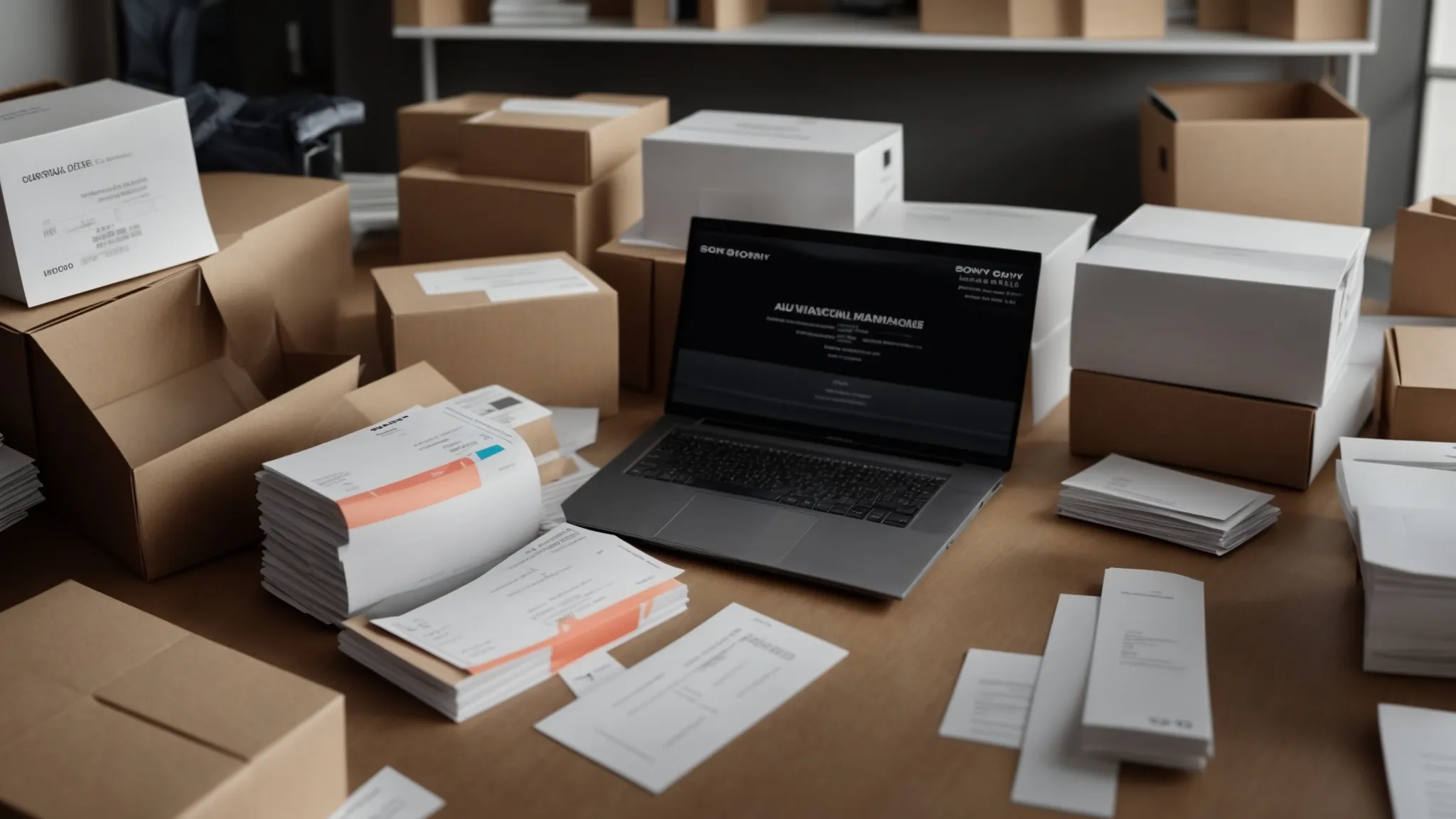 a neatly organized workspace showcases a stack of business cheques alongside a well-packaged return shipment box, illuminated by soft, natural light, emphasizing the importance of meticulous cheque management and customer support guidance.