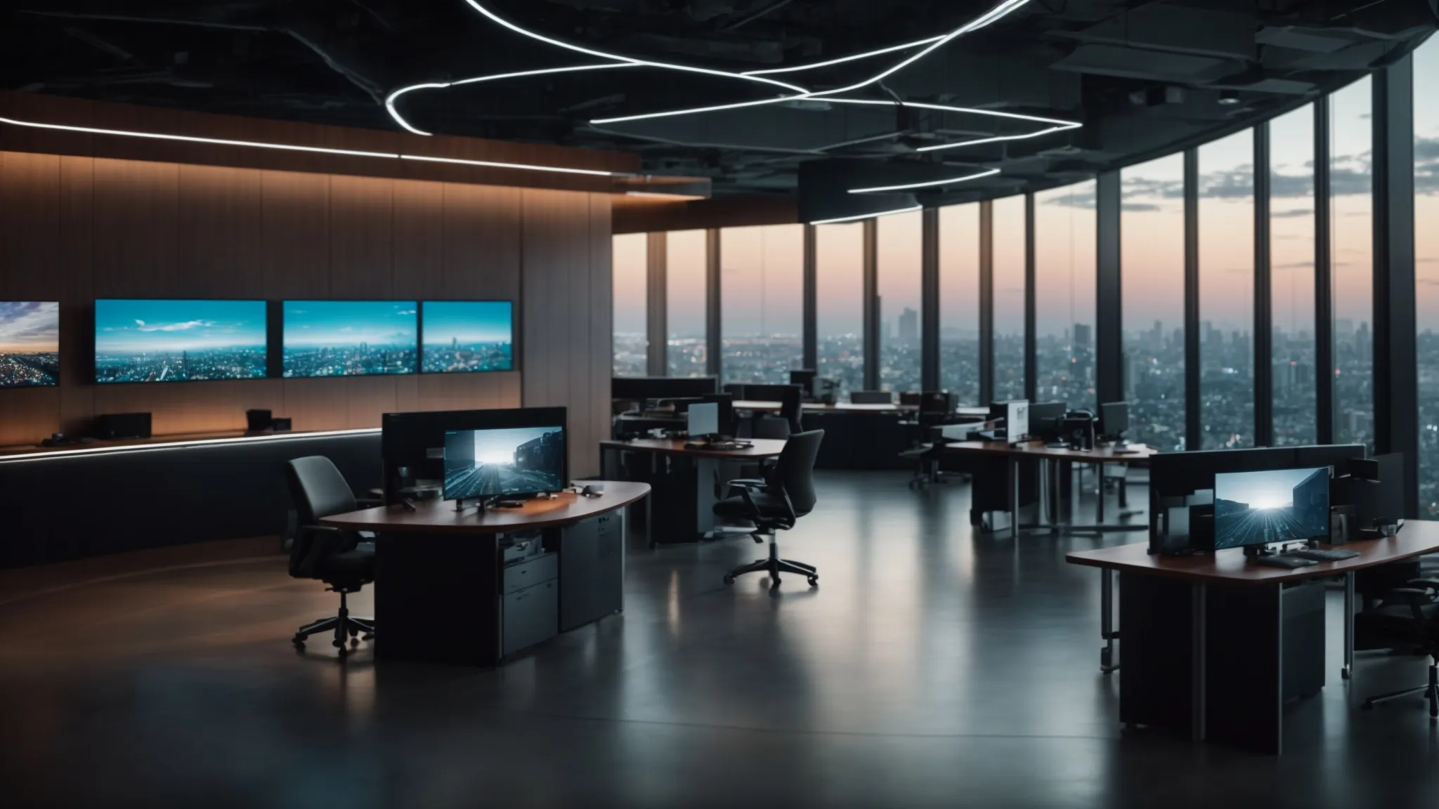 a panoramic view of a futuristic office environment showcasing digital screens displaying secure, real-time cheque tracking data and innovative cloud-based platforms, illuminated by soft, ambient lighting to emphasize a modern, efficient atmosphere.