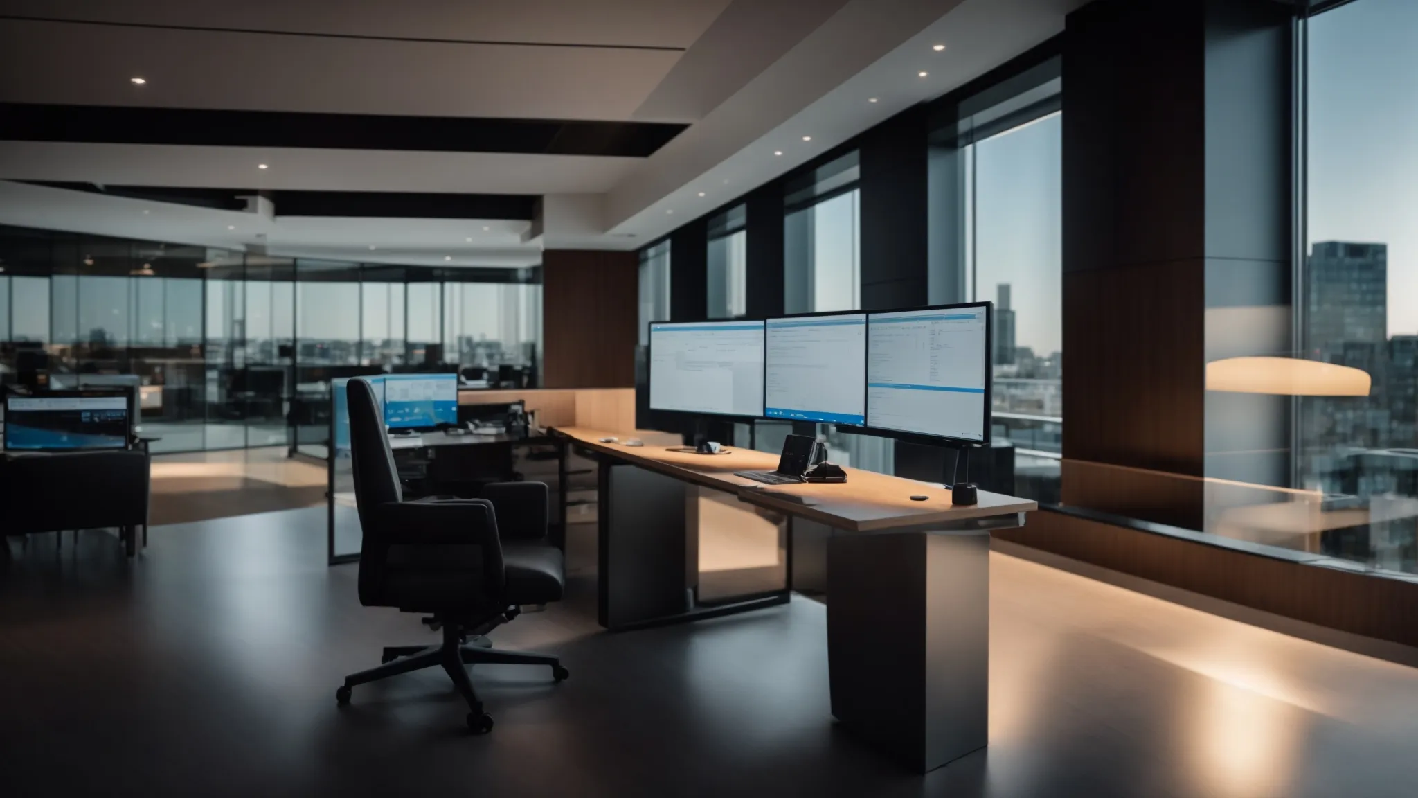 a panoramic view of a sleek modern office workspace, featuring a glowing computer screen displaying secure online cheque ordering processes, illuminated by soft ambient light that emphasizes the high-tech security measures in place.
