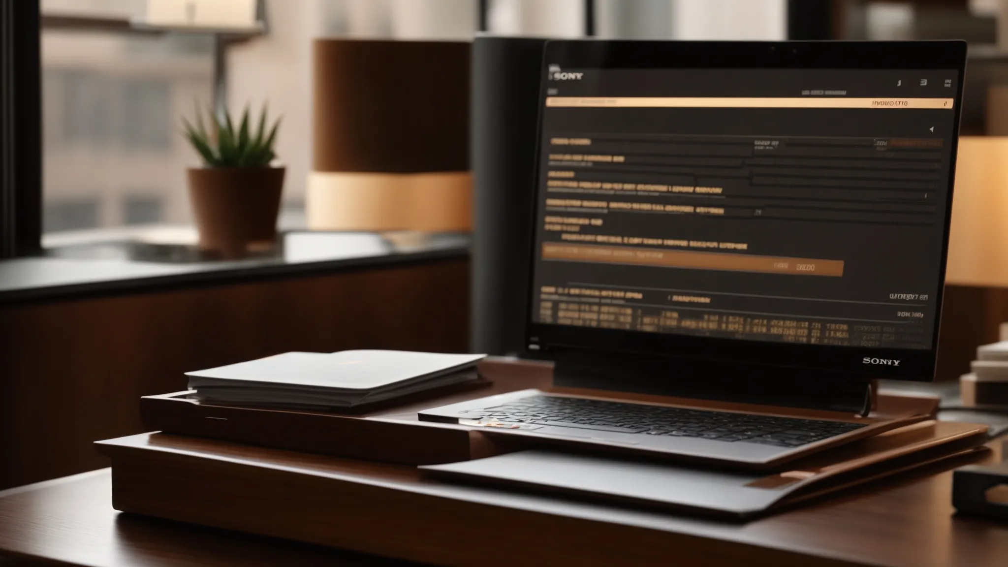 a polished wooden desk is elegantly adorned with neatly stacked business and personal cheques, complemented by a sleek laptop displaying a digital checklist for managing cheque inventory under warm, inviting lighting that highlights the importance of organized financial operations.