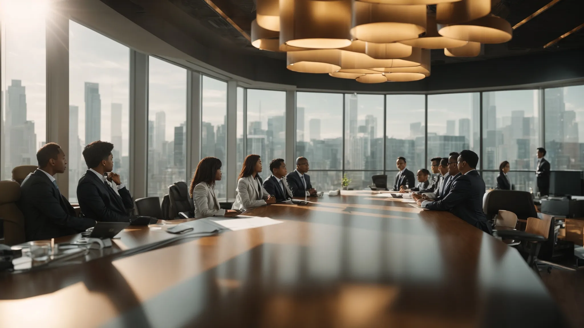 a professional business setting showcases a diverse group of individuals analyzing a variety of cheques on a sleek conference table, highlighting the theme of alternative payment plans with a focus on financial management, illuminated by warm, natural light streaming through large windows.