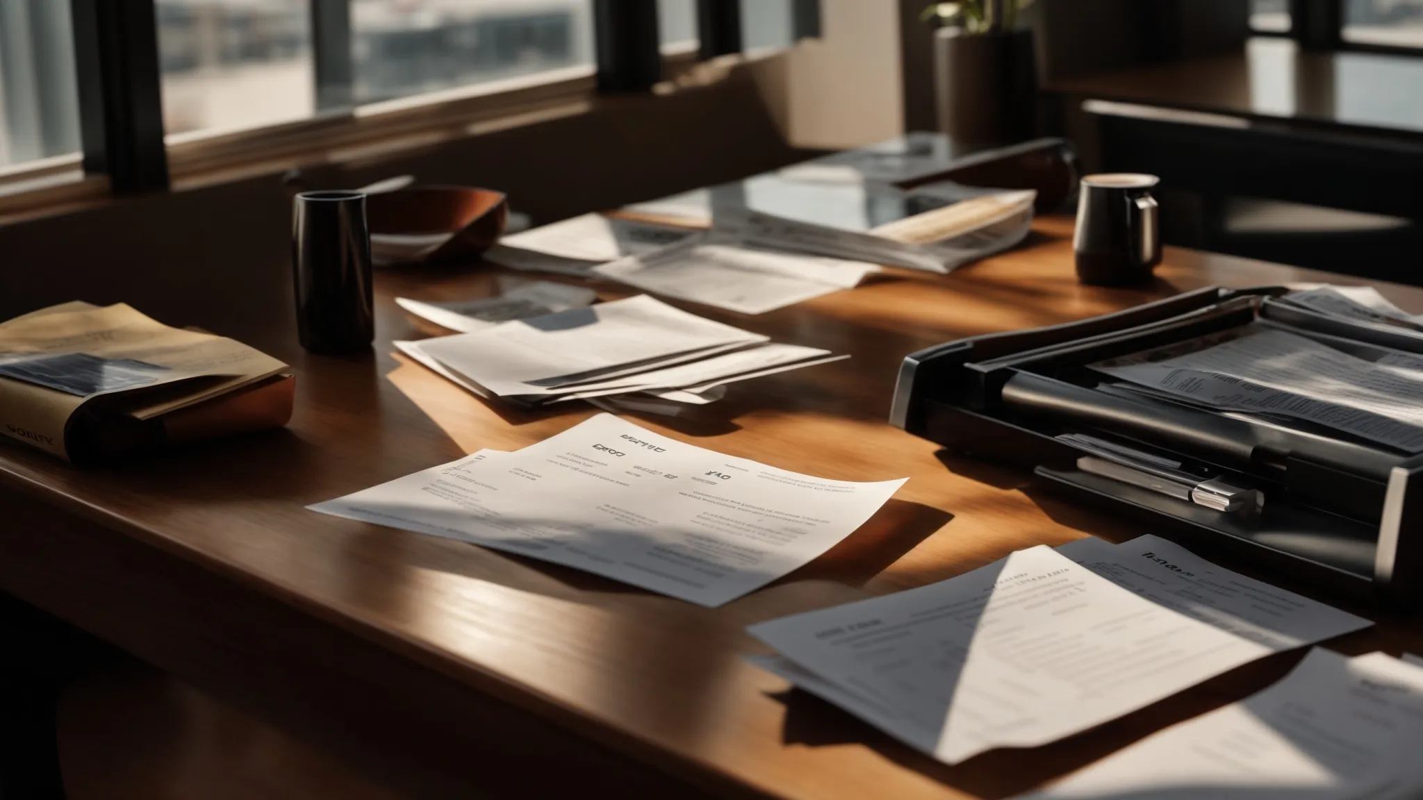 a professional business setting where an individual thoughtfully reviews a range of vibrant, detailed cheque samples laid out on a polished wooden table, illuminated by soft, natural light filtering through a nearby window.