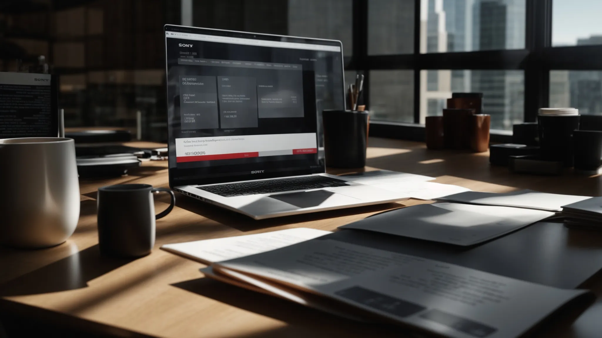 a professional office setting features a clear view of organized documents and a laptop displaying a secure digital cheque tracking interface, illuminated by natural light streaming through a window, symbolizing efficient cheque management and swift dispute resolution.