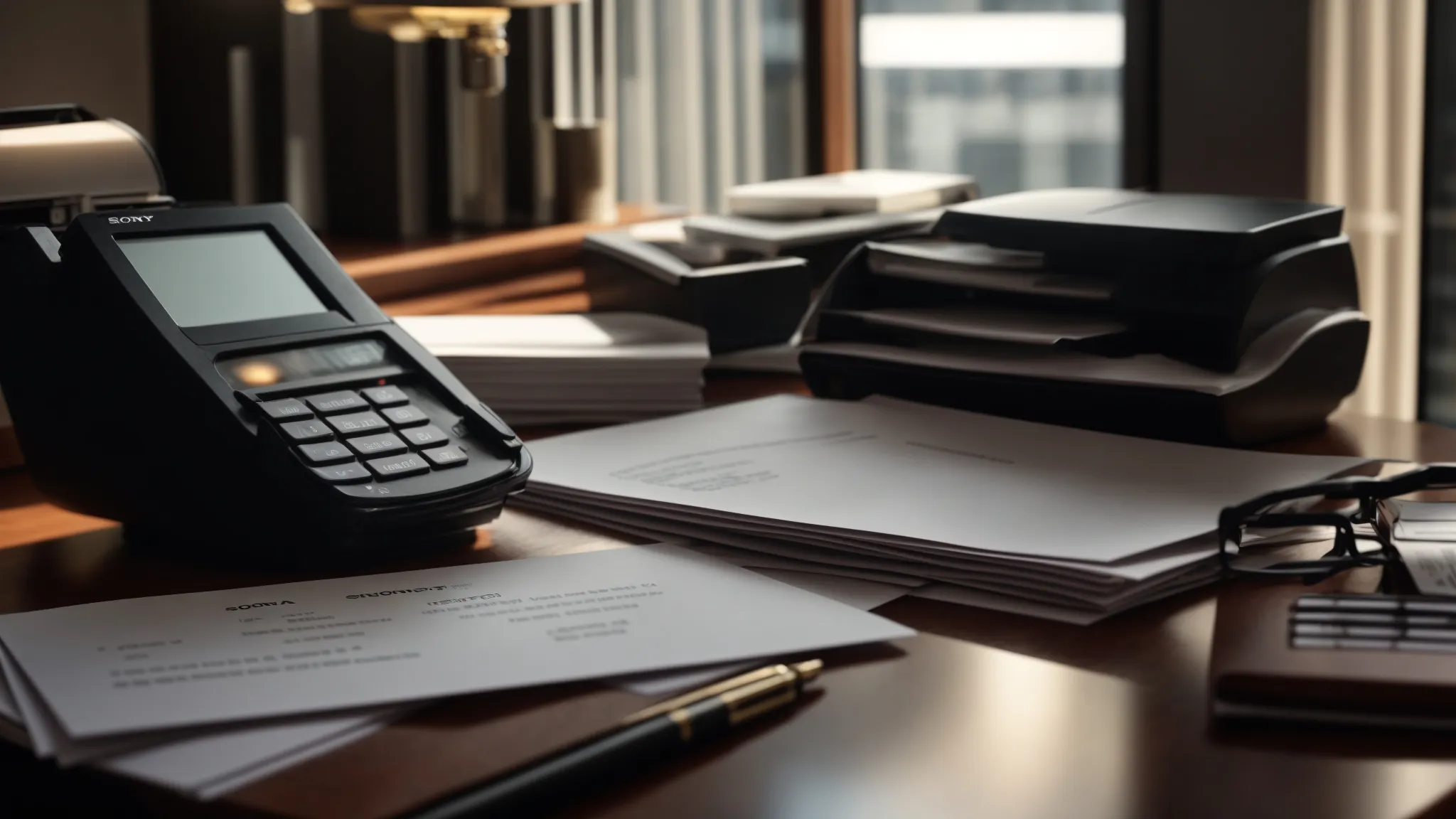 a professional office setting features a well-organized desk with neatly stacked business and personal cheques, illuminated by soft natural light, symbolizing efficient cheque management and the prevention of delays.