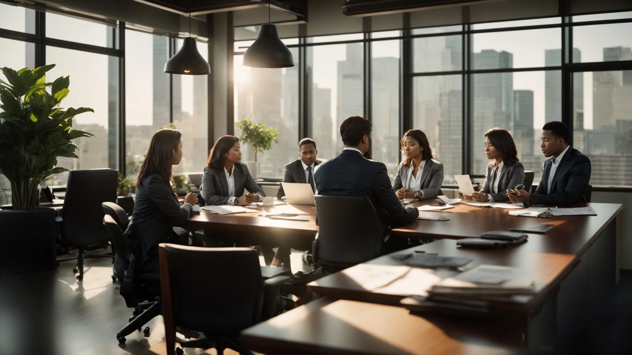 a professional office setting featuring a diverse group of businesspeople engaged in a focused discussion around a large table, surrounded by neatly organized stacks of business and personal cheques, illuminated by soft afternoon light filtering through large windows.