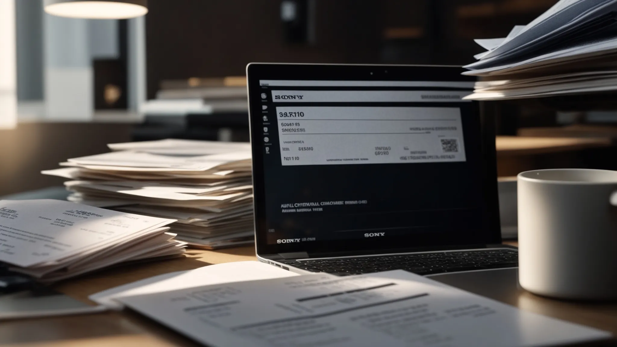 a professional office setting showcases a prominently displayed stack of various business and personal cheques alongside open industry reports and a laptop, illuminated by soft natural light to emphasize the importance of cheque security education.