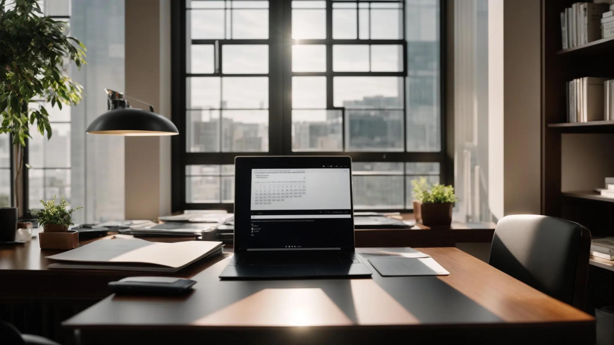 a professional setting featuring an elegantly arranged desk with business cheques, a calendar marked with important dates, and a sleek laptop, all illuminated by soft, natural light that highlights the importance of timely follow-ups in effective communication.