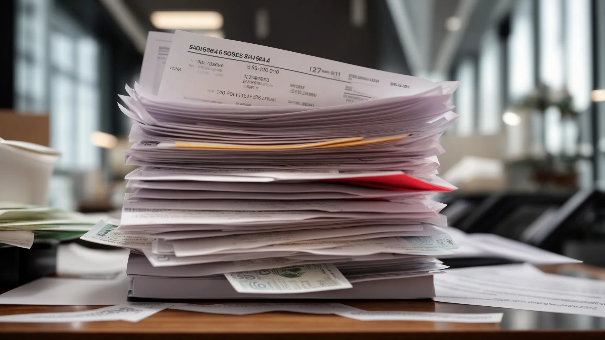 a professional workspace showcases a meticulously organized stack of vibrant, freshly printed business cheques, symbolizing efficient cash flow management and strategic financial stability against a backdrop of soft, natural lighting.