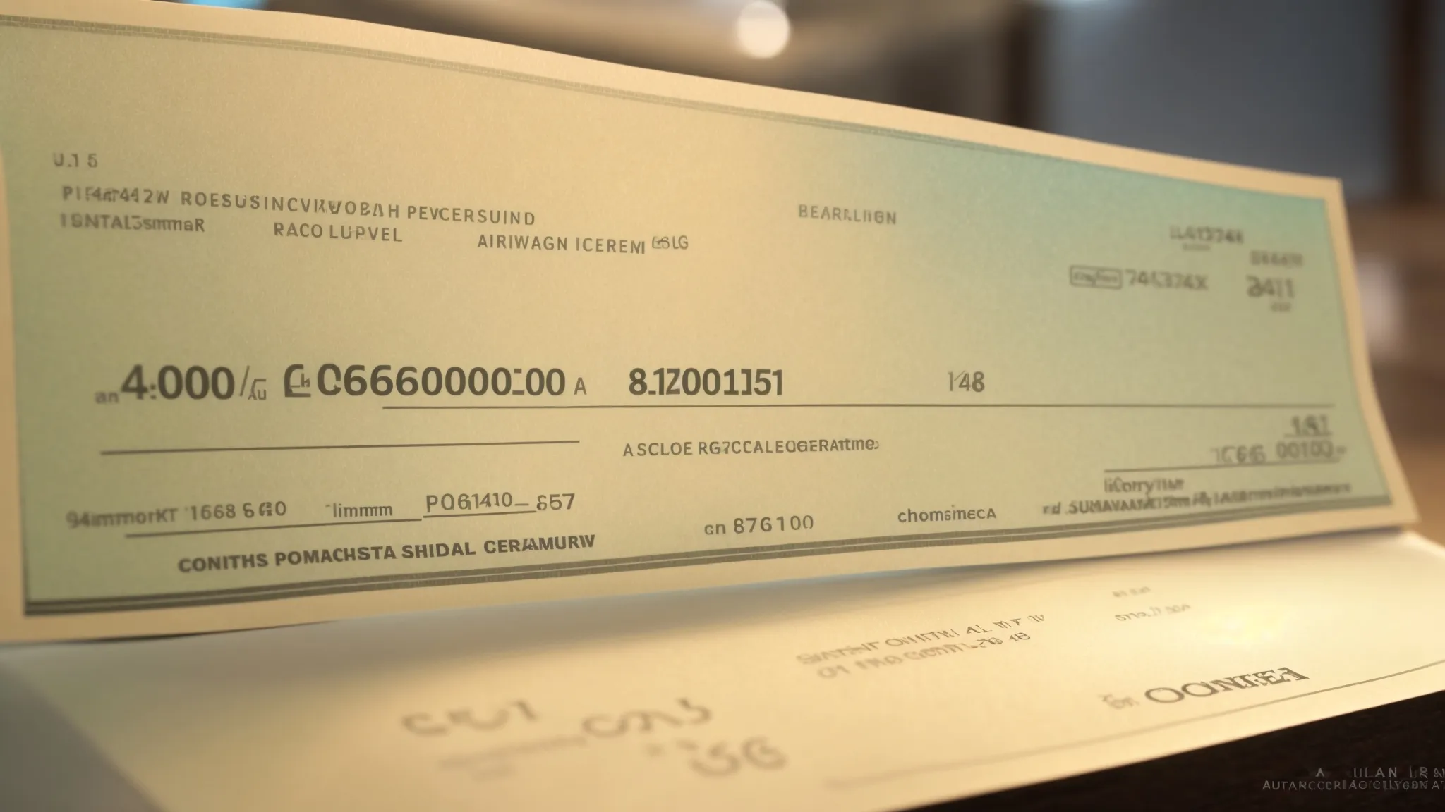 a secure personal cheque prominently displayed on textured watermark paper, illuminated by soft, focused lighting to highlight its intricate details and emphasize the theme of information security.