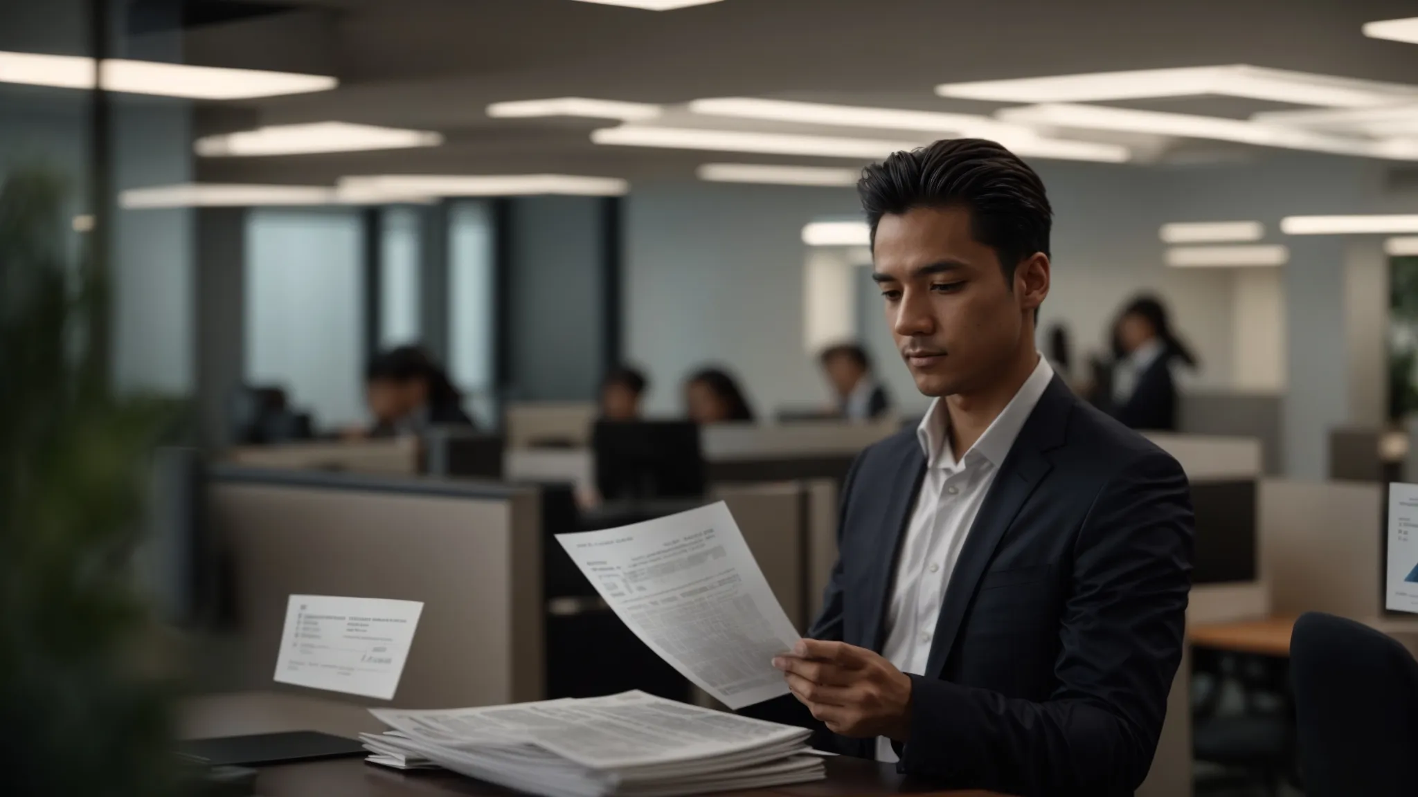 a sharply focused image of a person holding a suspicious cheque, surrounded by documents and a smartphone, illuminated by soft, natural lighting that conveys urgency and caution in a sleek, modern office setting.