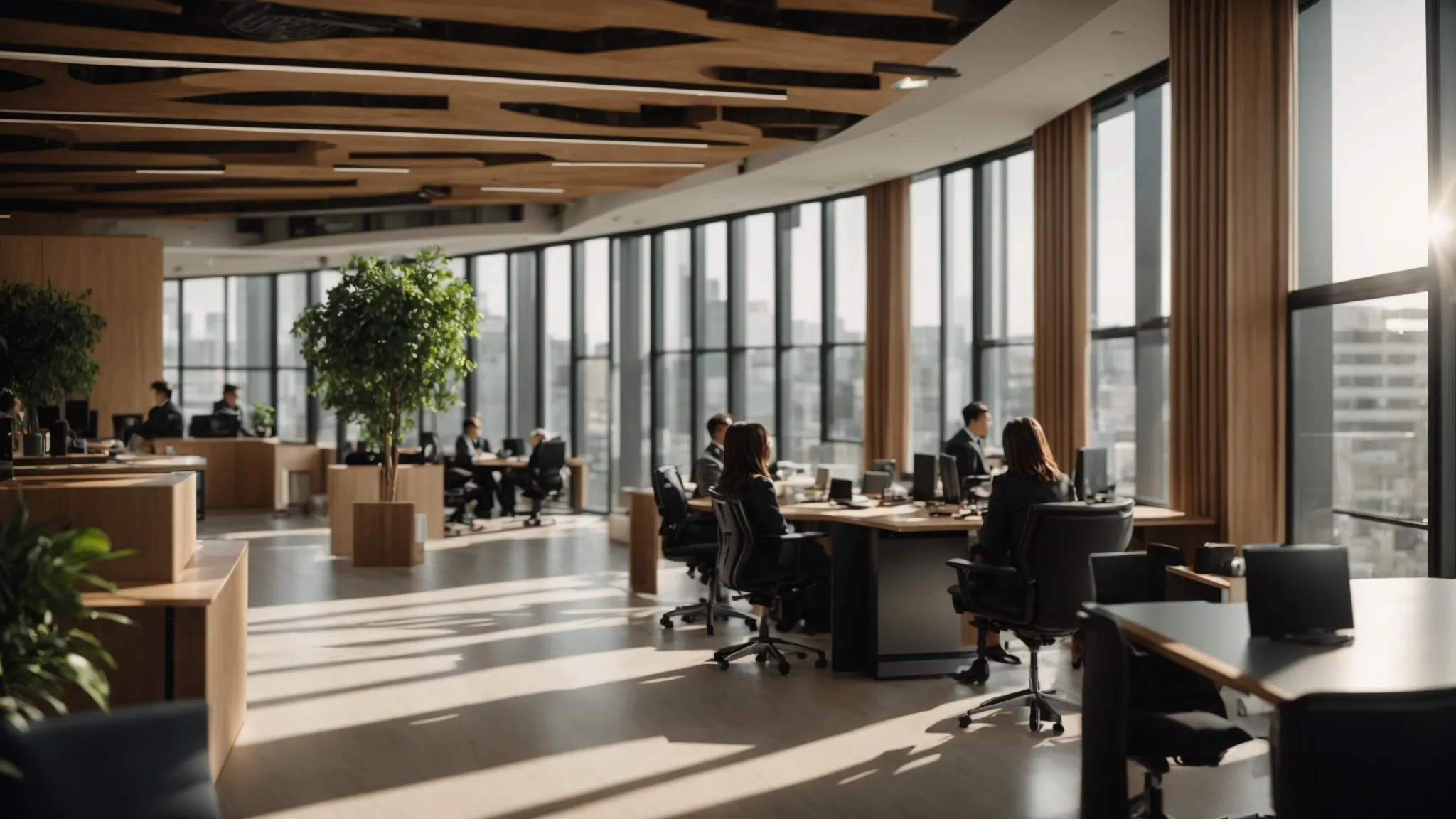 a sharply focused scene captures a modern office environment where employees engage in a dynamic training session on cheque security, illuminated by soft, natural light filtering through large windows, emphasizing the theme of compliance and vigilance in safeguarding financial practices.