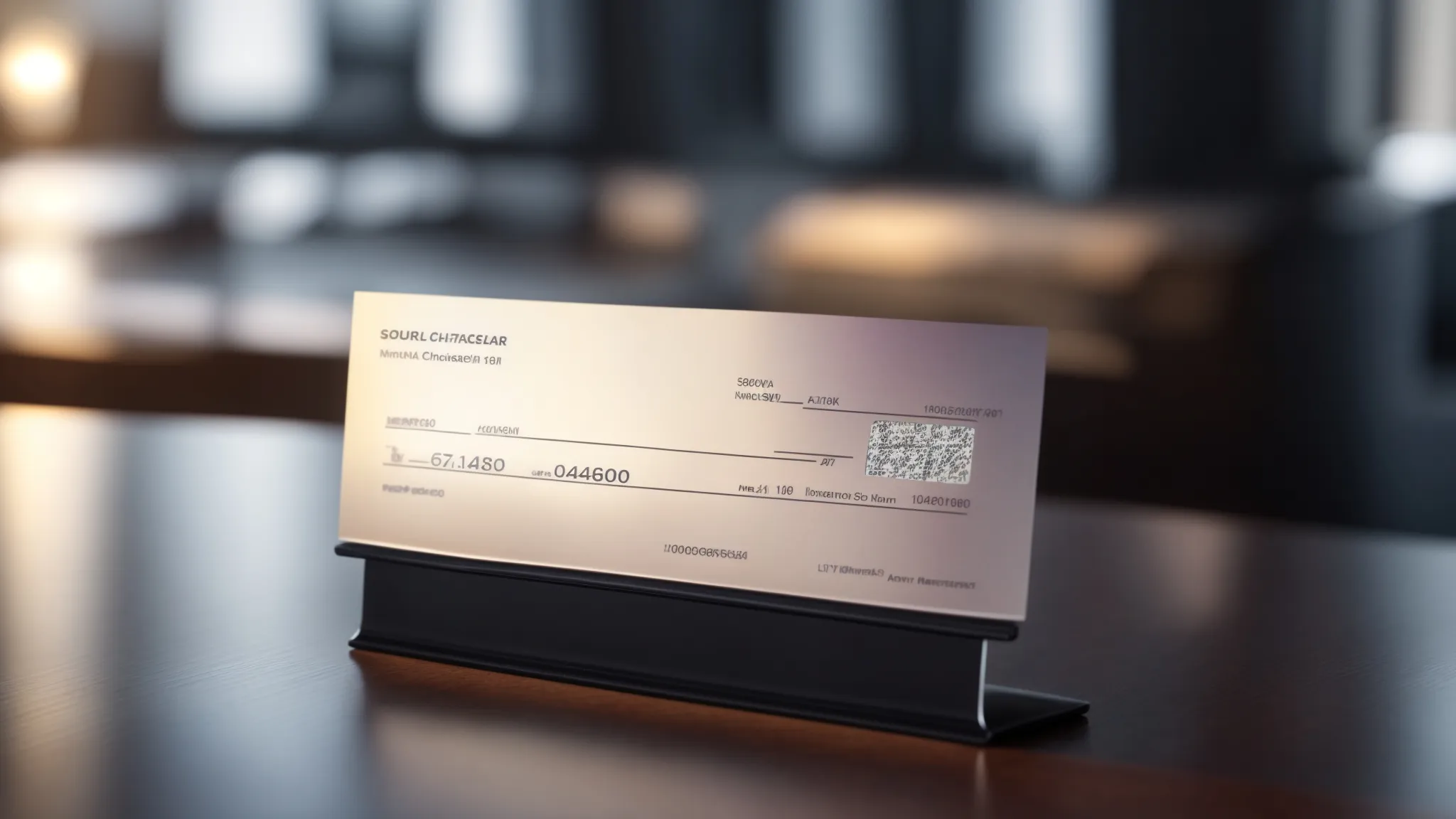 a sleek, close-up shot of a secure, digitally designed business cheque glistening on a polished desk, illuminated by soft ambient light, symbolizing modern financial security and trust.
