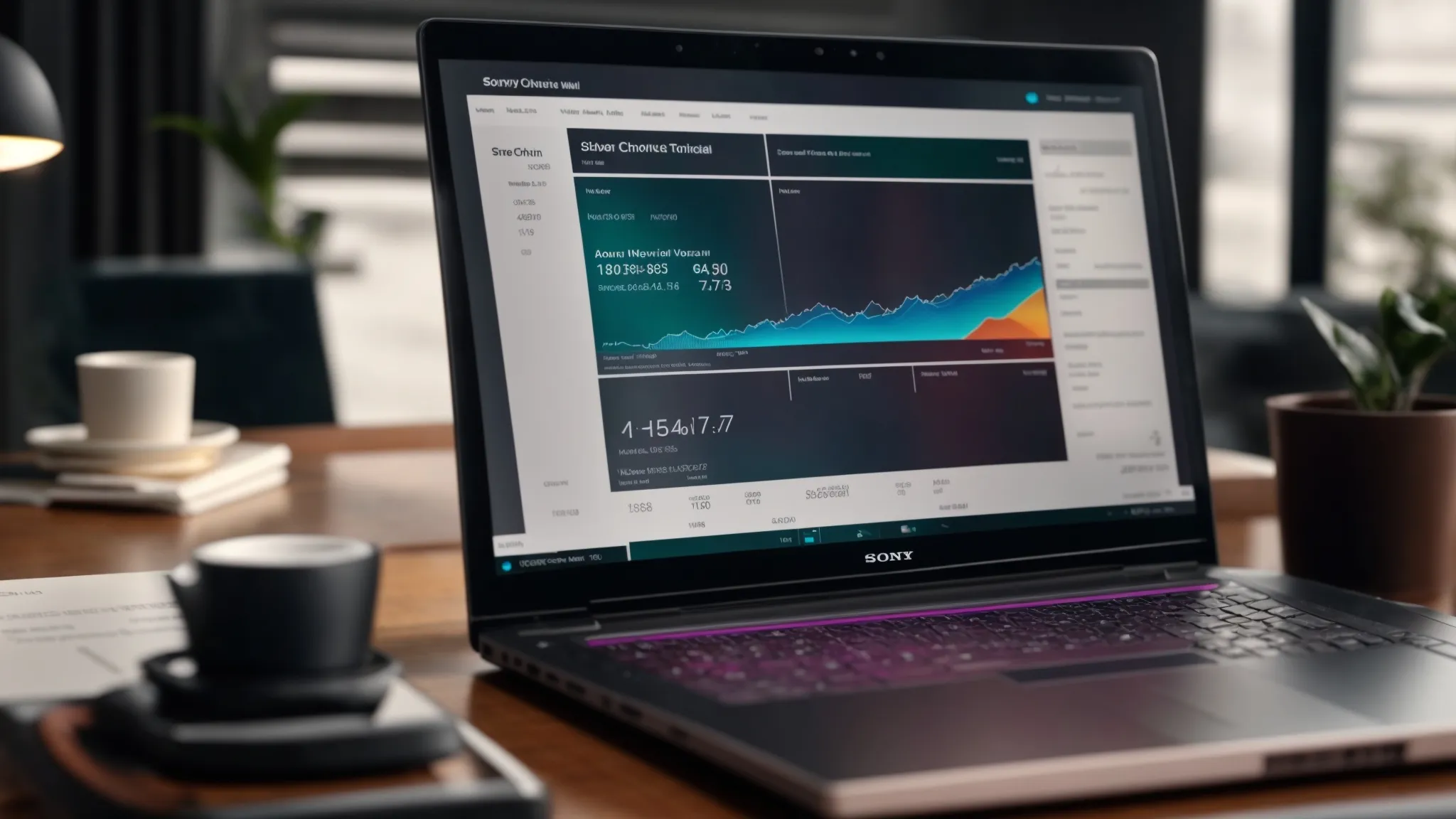 a sleek laptop displaying a vibrant dashboard of an online cheque tracking service, complete with real-time updates and colorful graphs, set against a modern office backdrop bathed in soft, natural light.