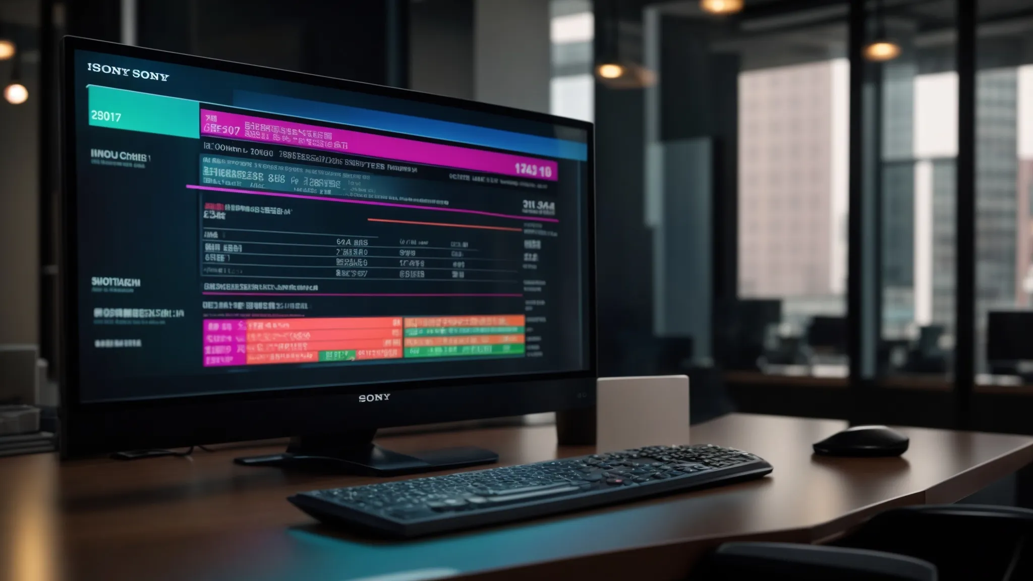 a sleek, modern computer screen displays a vibrant online cheque tracking interface, highlighting real-time updates and security alerts against a backdrop of a bustling office environment, symbolizing efficient financial management and oversight.