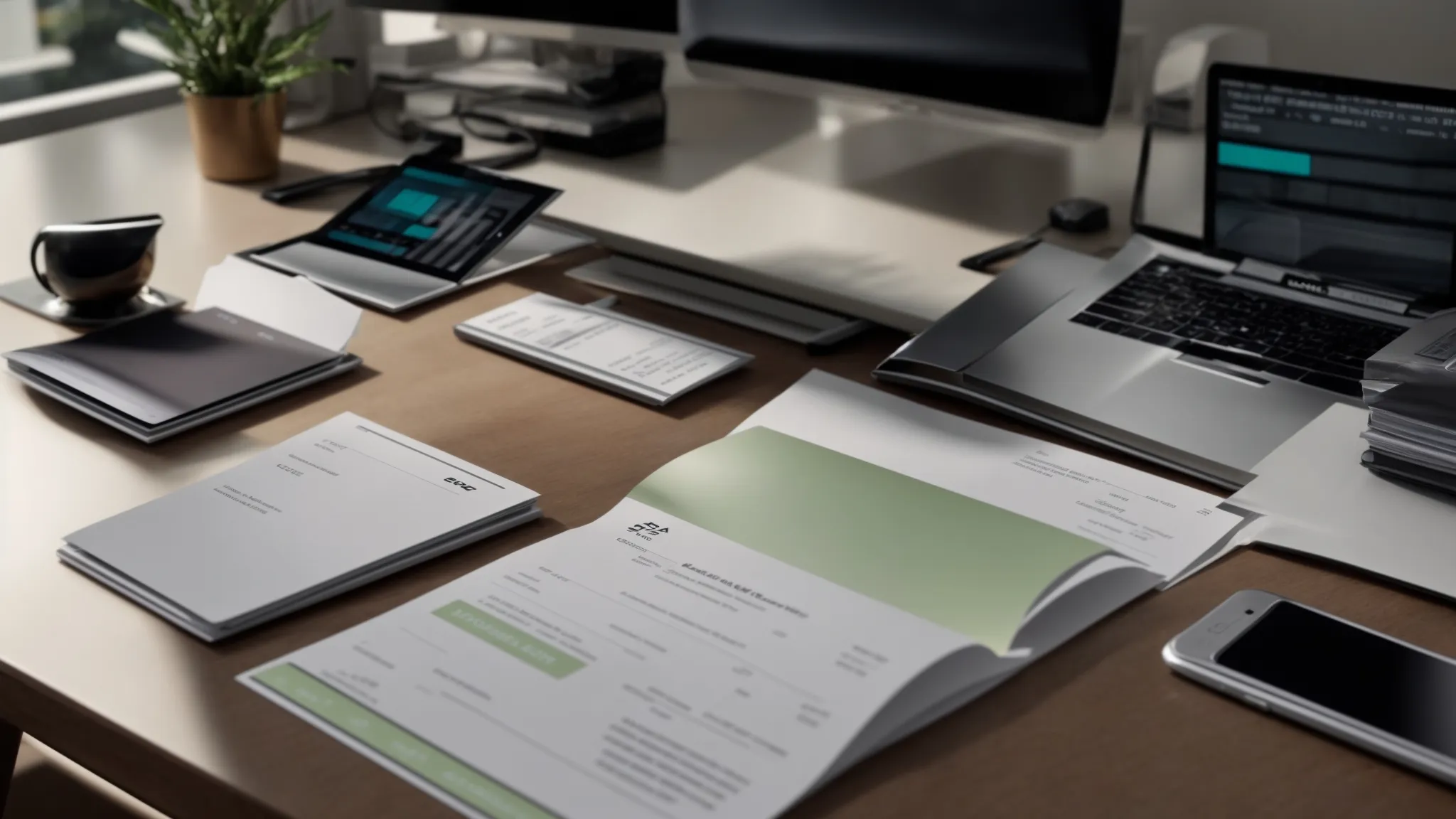 a sleek, modern desk is illuminated by soft, ambient lighting, showcasing an organized arrangement of business and personal cheques alongside a digital device displaying notification alerts, symbolizing enhanced financial oversight and control.