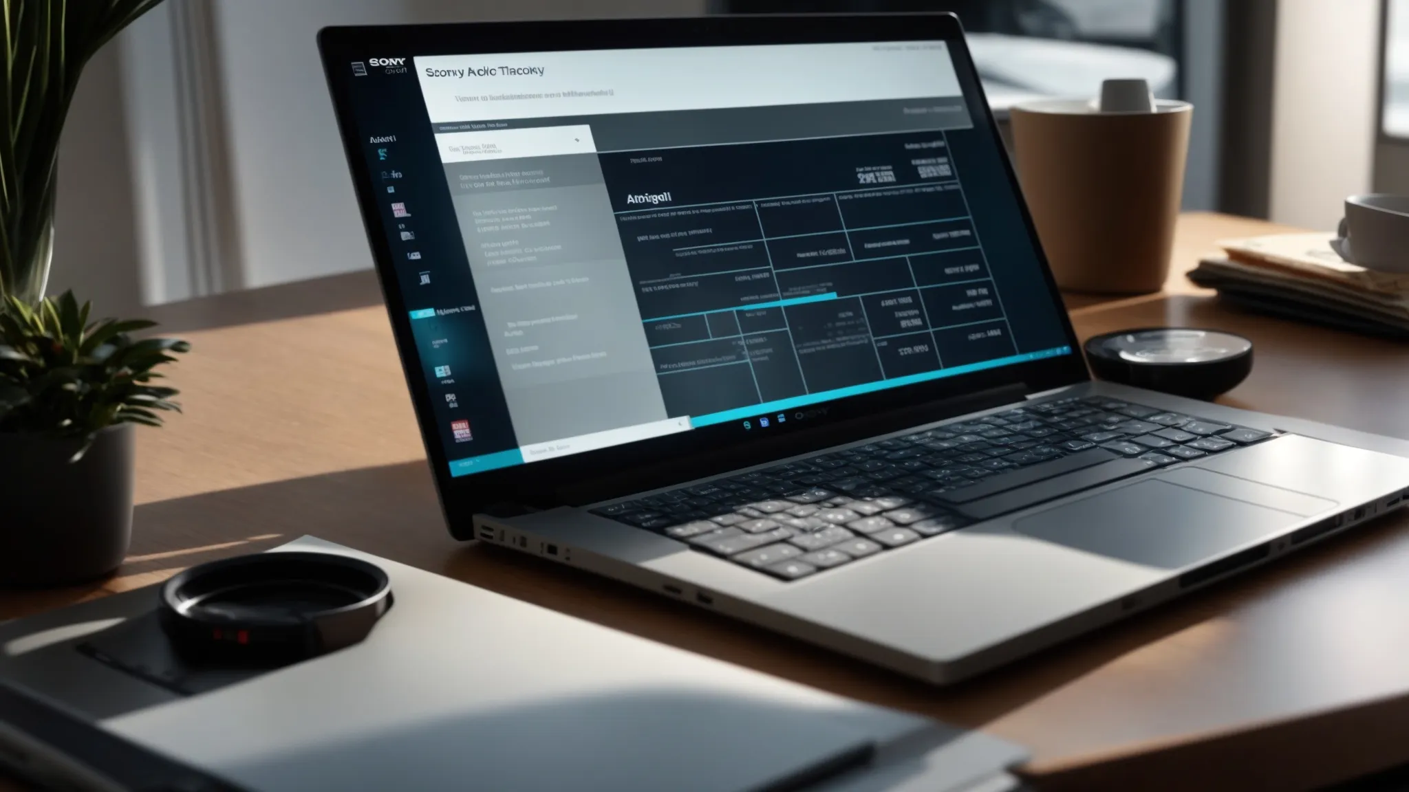 a sleek, modern laptop displays a vibrant online interface for cheque tracking, surrounded by neatly organized business documents and personal cheques, illuminated by soft desk lighting that emphasizes the importance of securing financial data.