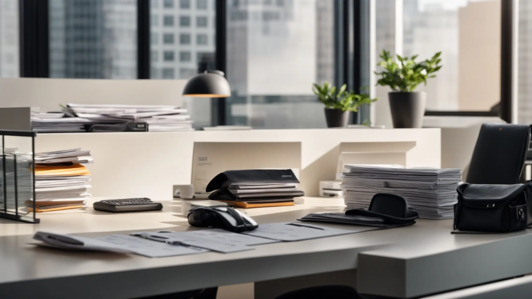 a sleek, modern office desk boasts neatly stacked business cheques and security deposit bags, illuminated by soft natural light that highlights the professionalism and efficiency of corporate cheque ordering services.