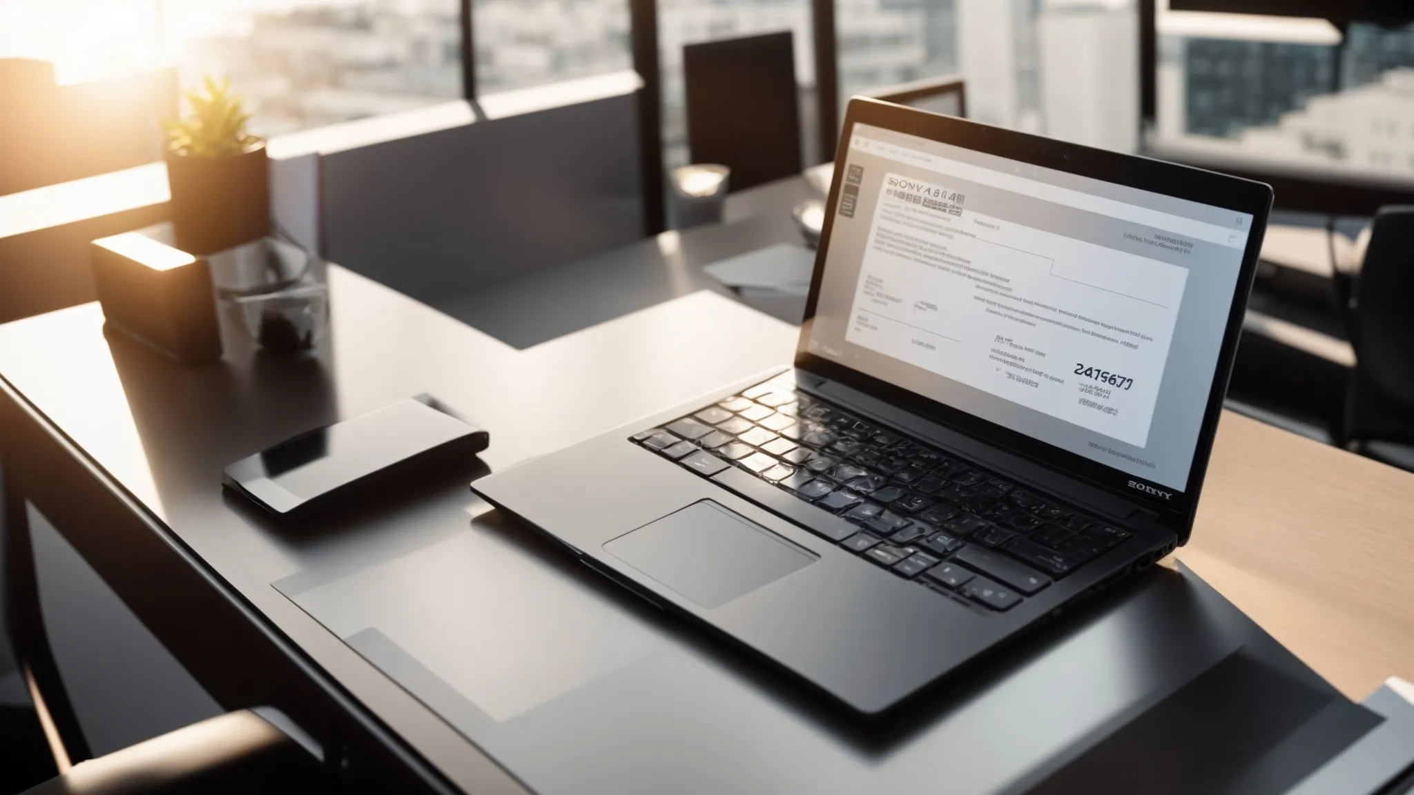 a sleek, modern office desk featuring a neatly arranged set of business and personal cheques alongside a glowing laptop displaying a tracking portal, illuminated by soft natural light to evoke an atmosphere of financial diligence and oversight.