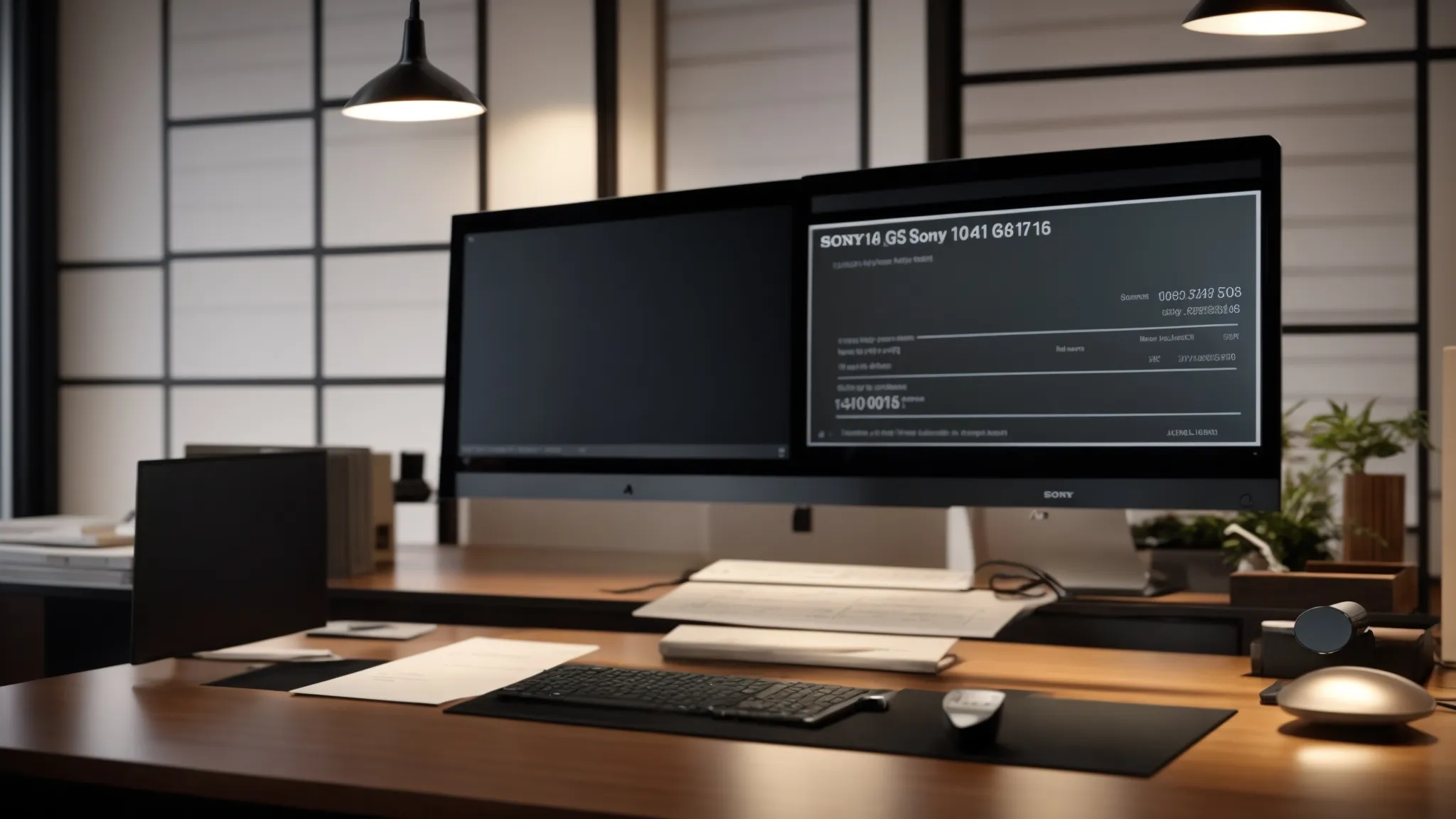 a sleek, modern office desk is adorned with neatly stacked business and personal cheques, accompanied by a sophisticated computer screen displaying a user-friendly interface for real-time cheque tracking, illuminated by soft, warm lighting for a professional atmosphere.