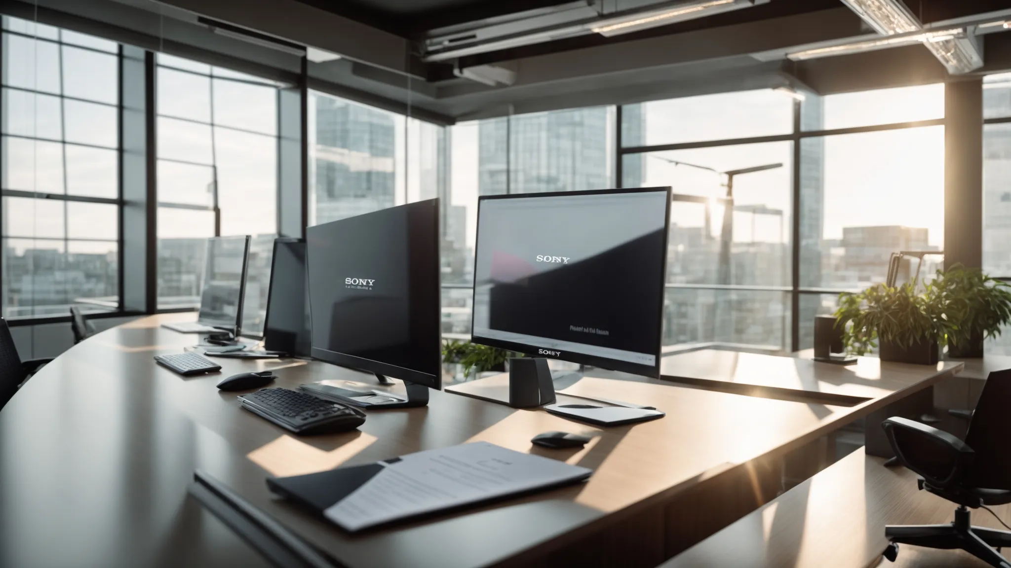 a sleek, modern office desk is illuminated by soft natural light, showcasing a high-tech digital screen displaying real-time tracking of business cheques, symbolizing efficient financial management and transparency.