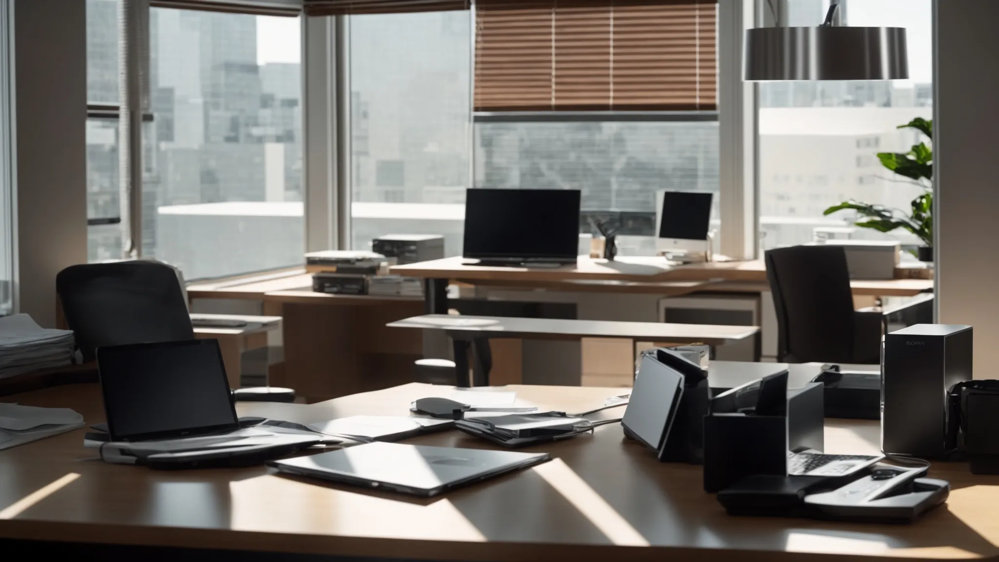 a sleek, modern office desk is illuminated by soft natural light, showcasing a neatly organized arrangement of fast delivery corporate cheques alongside a computer displaying financial records, emphasizing efficiency and streamlined cash flow management.