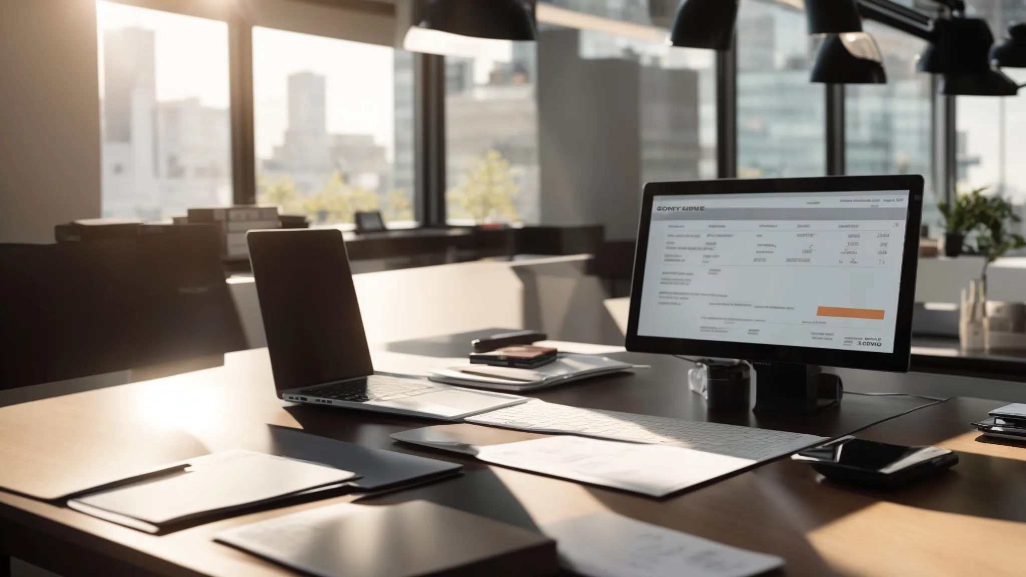 a sleek, modern office desk is illuminated by soft daylight, showcasing an array of international payment methods for cheque orders, including business and personal cheques displayed prominently alongside currency exchange options.