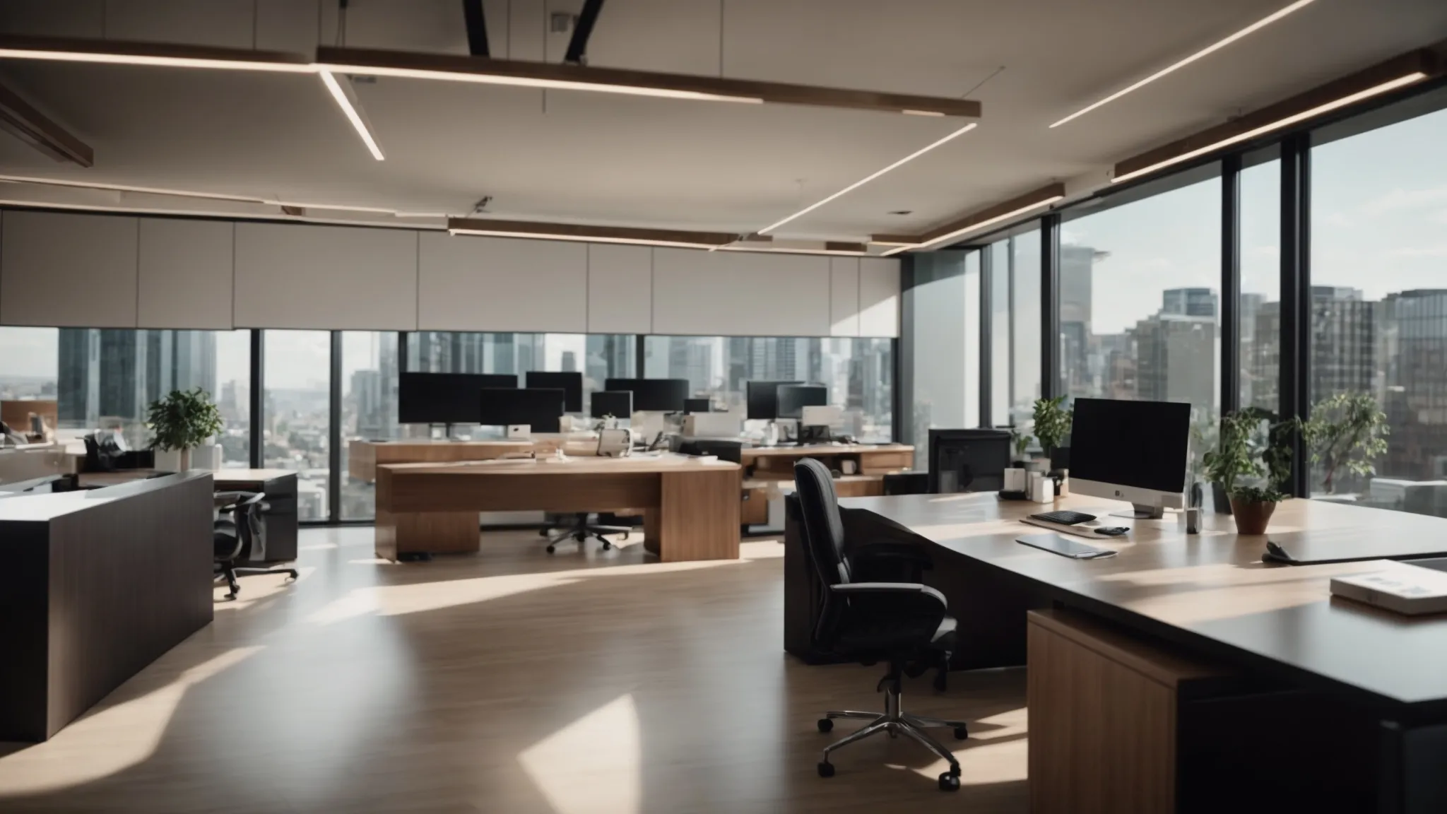 a sleek, modern office environment features a pristine desk with an organized array of corporate cheques, highlighting a successful integration of financial systems and efficient document flow in a business context.