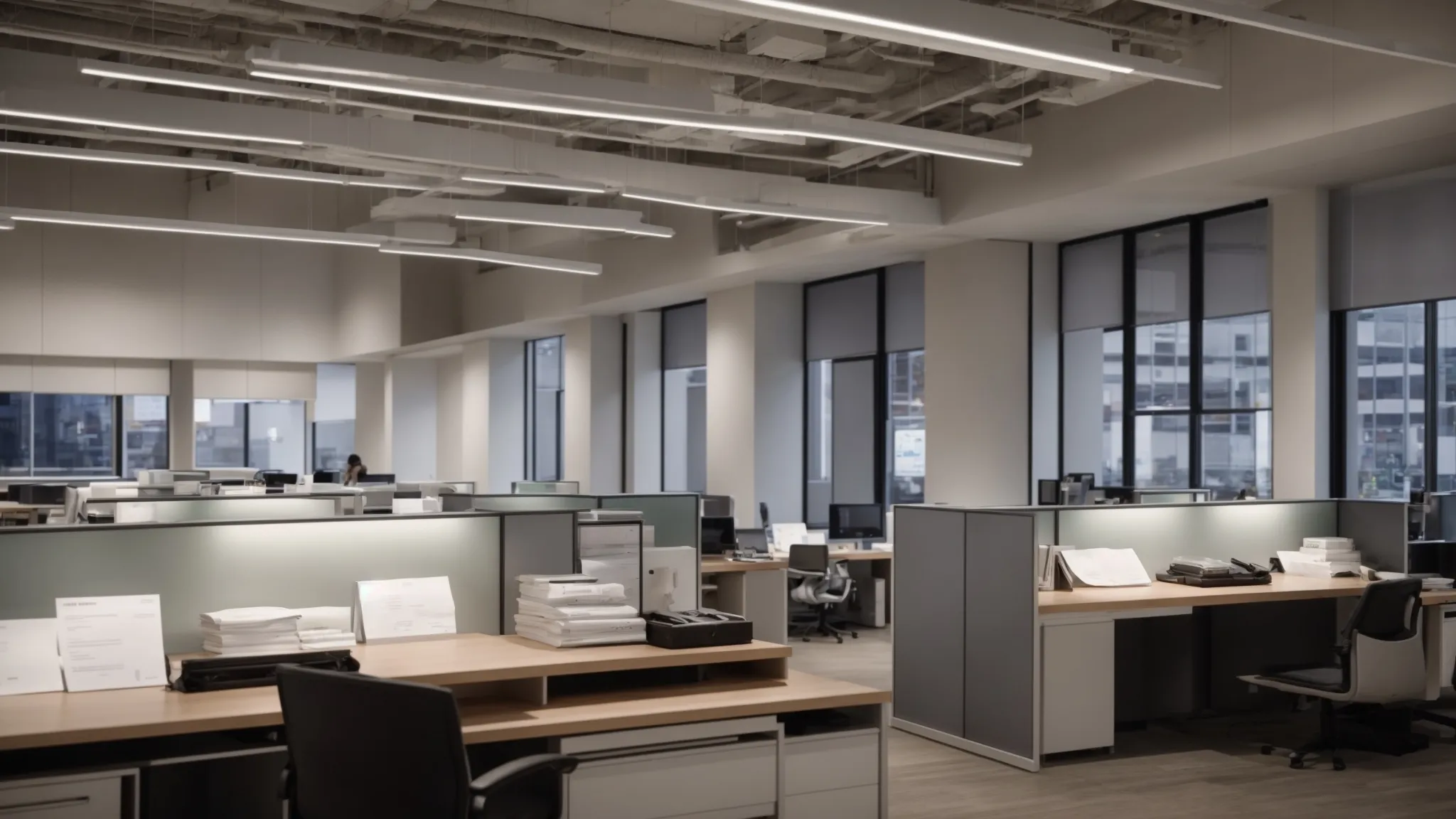 a sleek, modern office space showcases a neatly organized stack of bulk business cheques, highlighted by soft, ambient lighting that emphasizes the streamlined efficiency of reordering processes and the eco-friendly benefits of reducing waste.