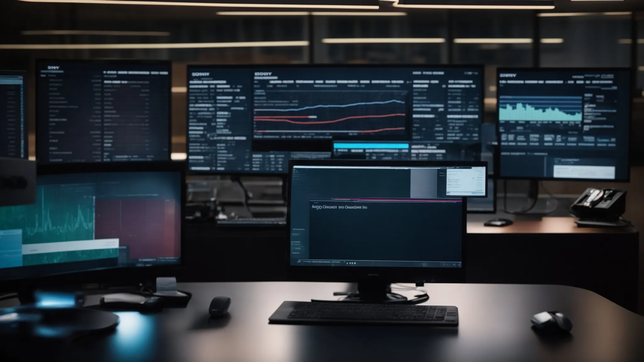 a sleek, modern office workspace featuring a digital dashboard displaying automated cheque order management analytics, with a background of blurred financial documents symbolizing data security and compliance.