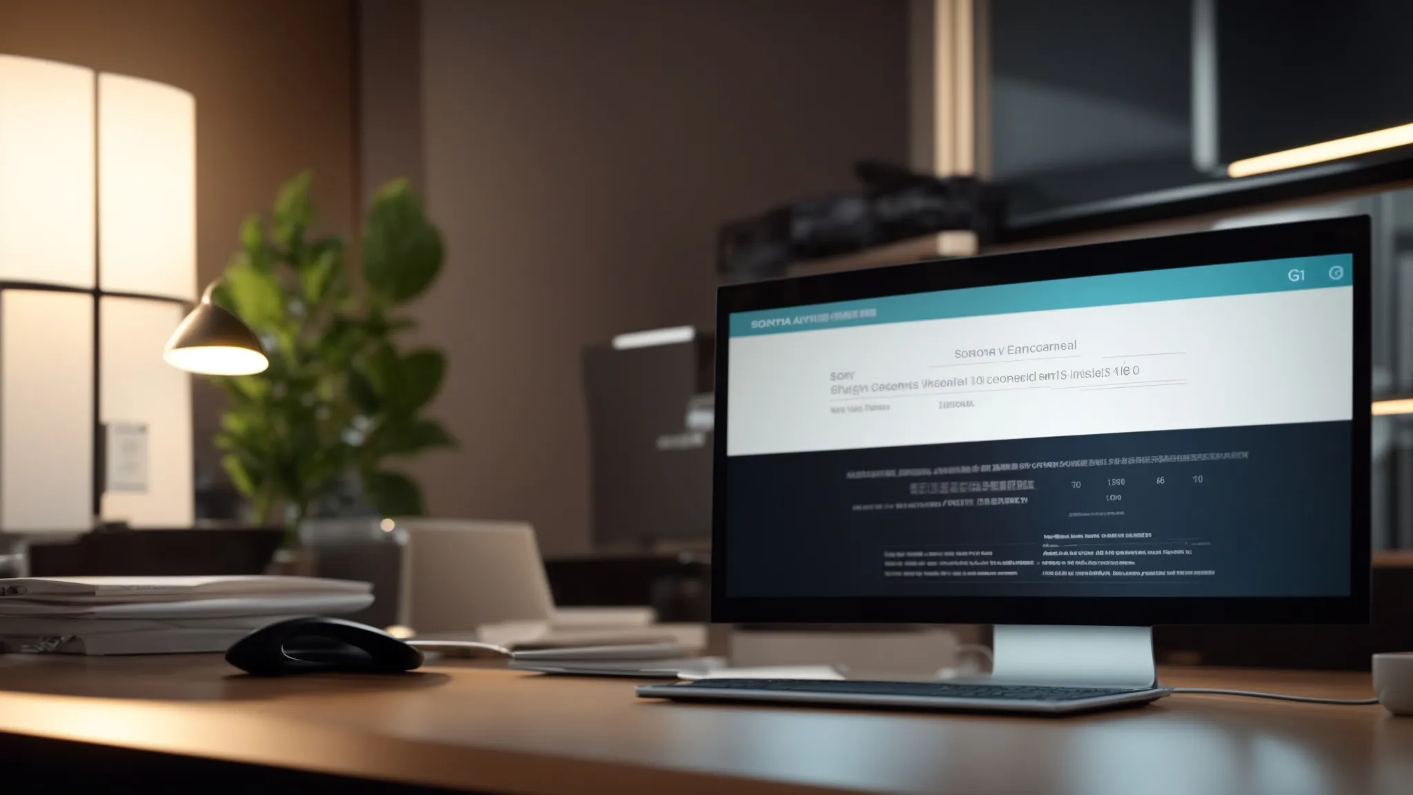 a sleek, modern office workspace showcases a glowing laptop screen displaying a digital cheque payment confirmation, complemented by a stylish smartphone showing a banking app, all bathed in warm, inviting light to evoke a sense of financial security and ease.