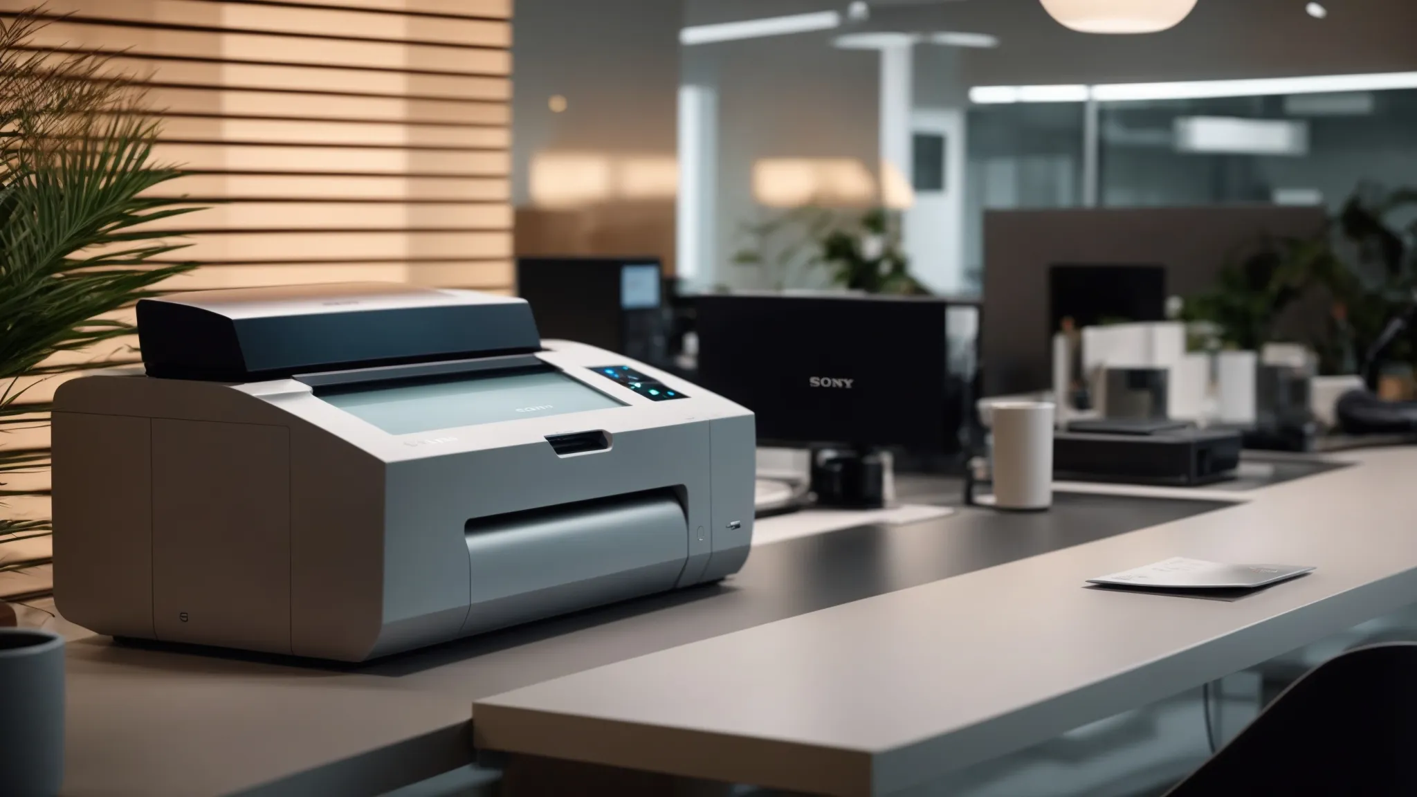 a sleek, modern workspace features a digital cheque printer in action, showcasing vibrant, freshly printed cheques amidst a backdrop of polished corporate decor and soft, ambient lighting to emphasize innovation in cost-effective financial solutions.