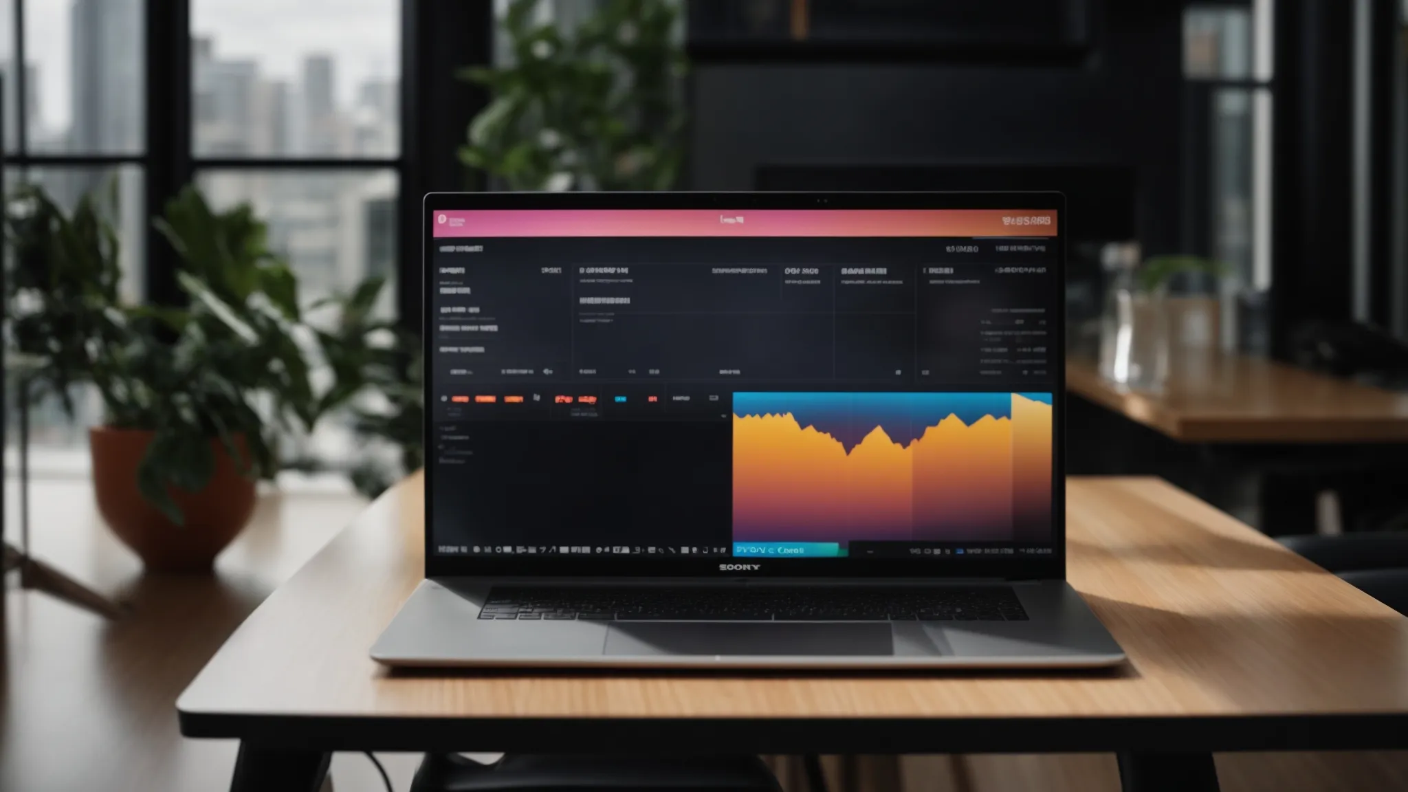 a sleek, modern workspace features a laptop displaying a vibrant dashboard of online cheque tracking tools, bathed in soft, natural light, emphasizing the efficiency and clarity of managing business finances.